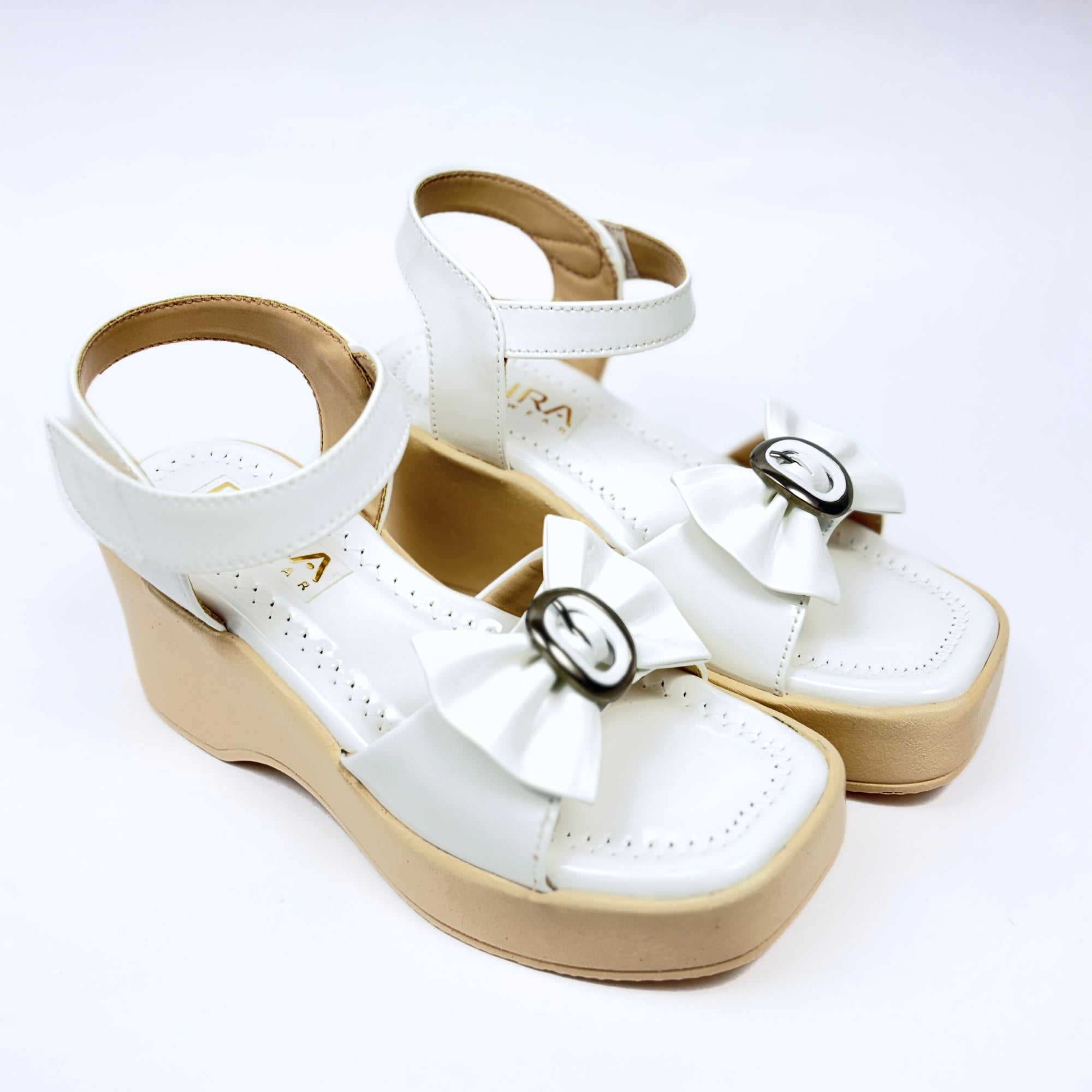 Girls Party Wear Sandals for Kids | Ankle Strap Wedge Heel with Bow Design | Comfortable & Secure Fit | Pearl White | Size 5 UK