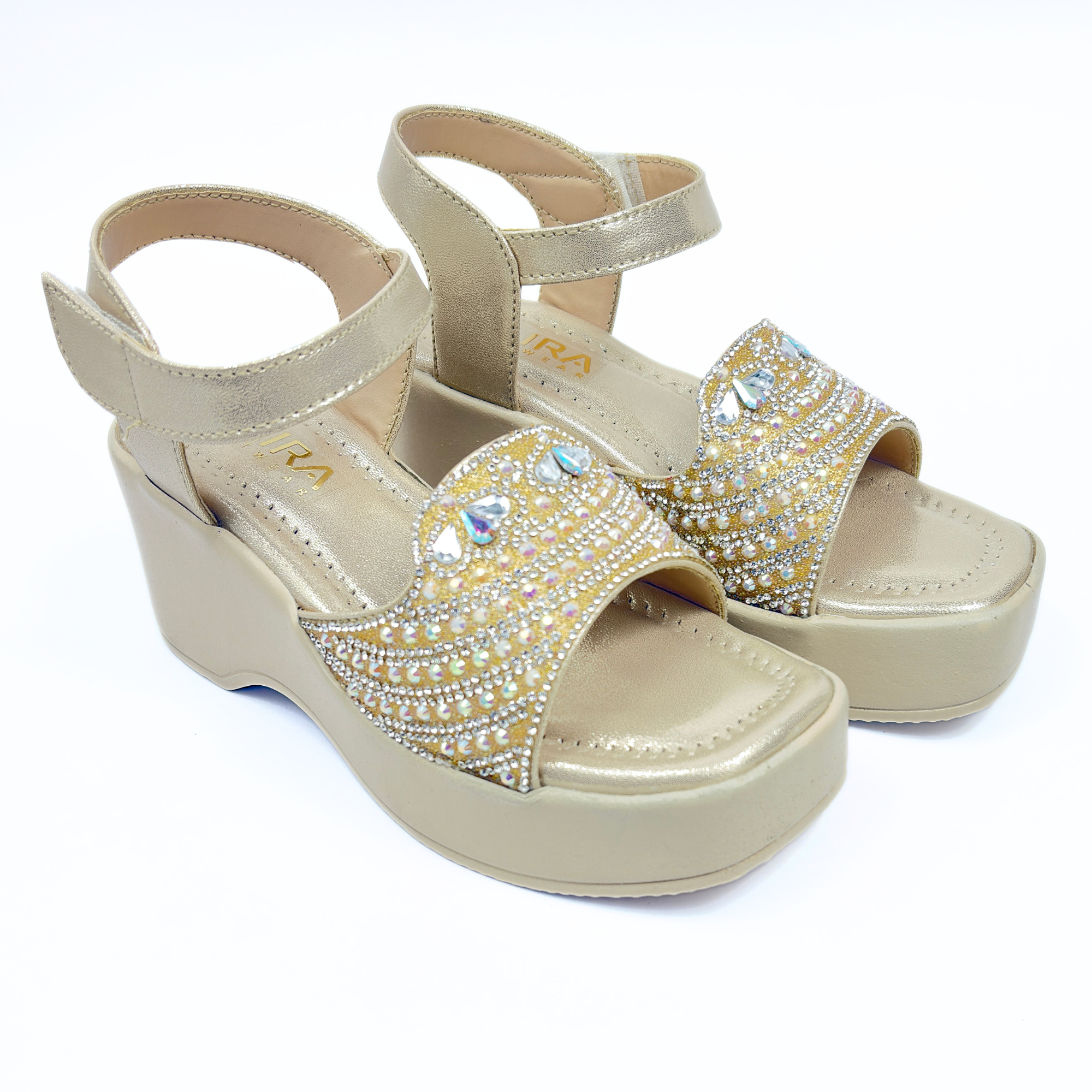 Girls Party Wear Sandals for Kids | Crystal Embellished Front Strap with Ankle Strap | Comfortable Wedge Heel | Secure & Stylish Fit | Champagne Gold | Size 12 UK