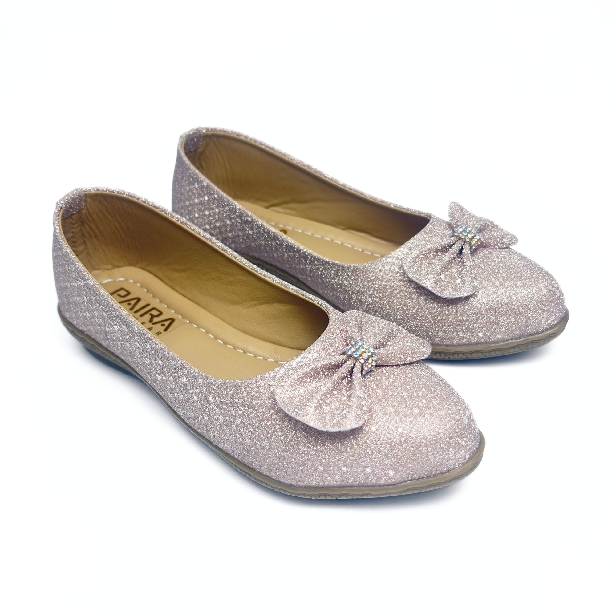 Girls Party Wear Bellies for Kids | Glitter Finish with Bow Detail | Comfortable Flat Sole | Easy Slip-On Fit | Blush Pink Glitter | Size 4 UK