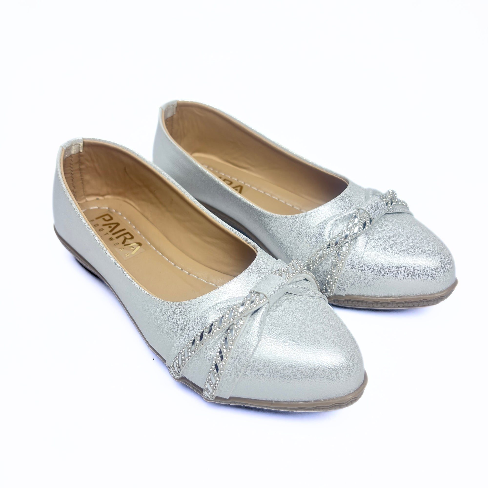 Girls Party Wear Bellies for Kids | Pearl Silver Metallic Finish with Rhinestone Knot Detail | Soft Inner Lining | Comfortable Flat Sole | Easy Slip-On | Size 11 UK