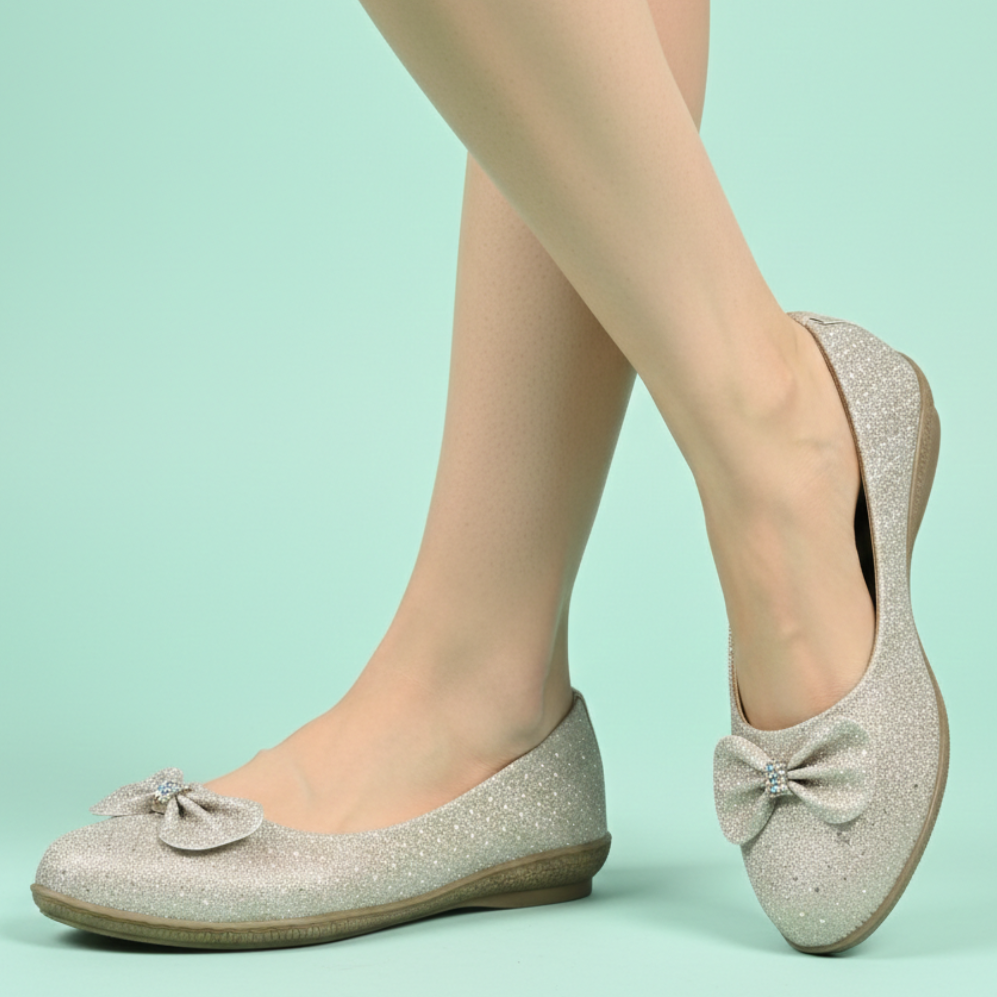 Girls Party Wear Bellies for Kids | Glitter Finish with Bow Detail | Comfortable Flat Sole | Easy Slip-On Fit | Champagne Silver | Size 12 UK