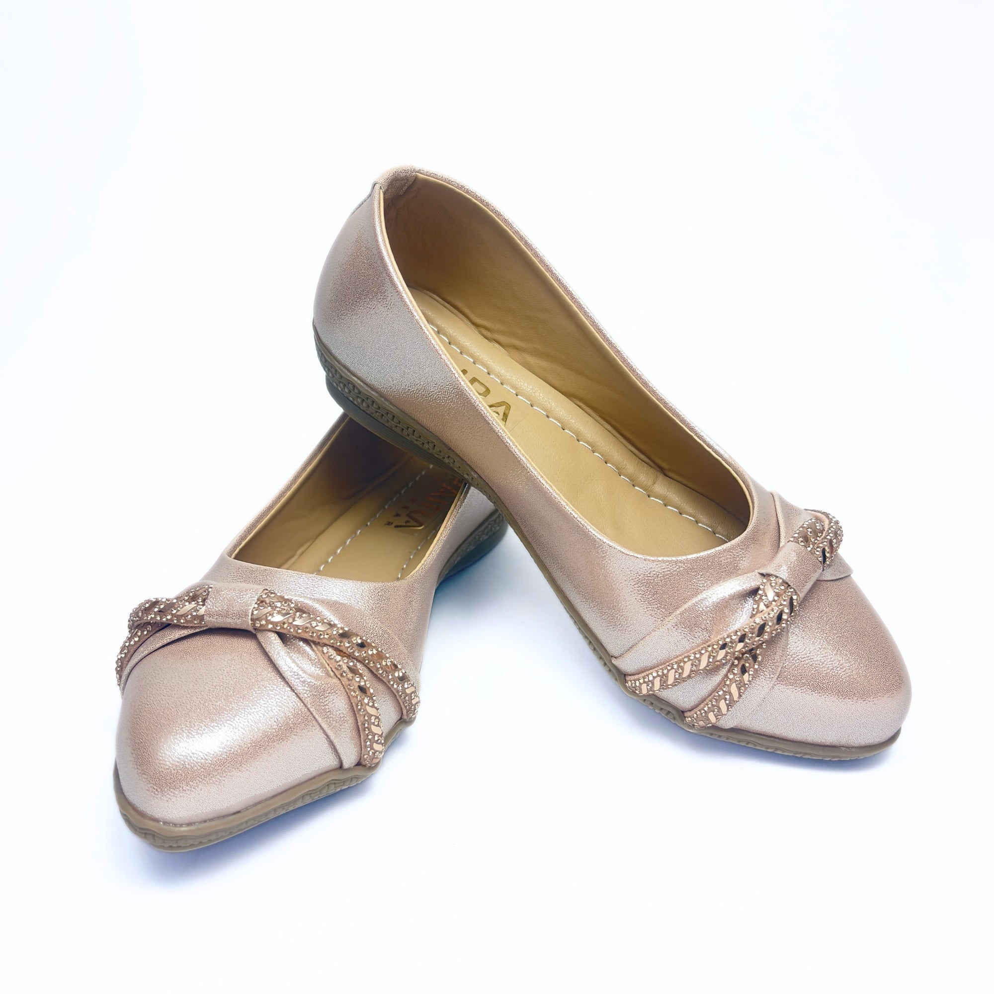 Girls Party Wear Bellies for Kids | Metallic Rose Gold Finish with Embellished Knot Design | Soft Inner Lining | Comfortable Flat Sole | Easy Slip-On | Size 2 UK