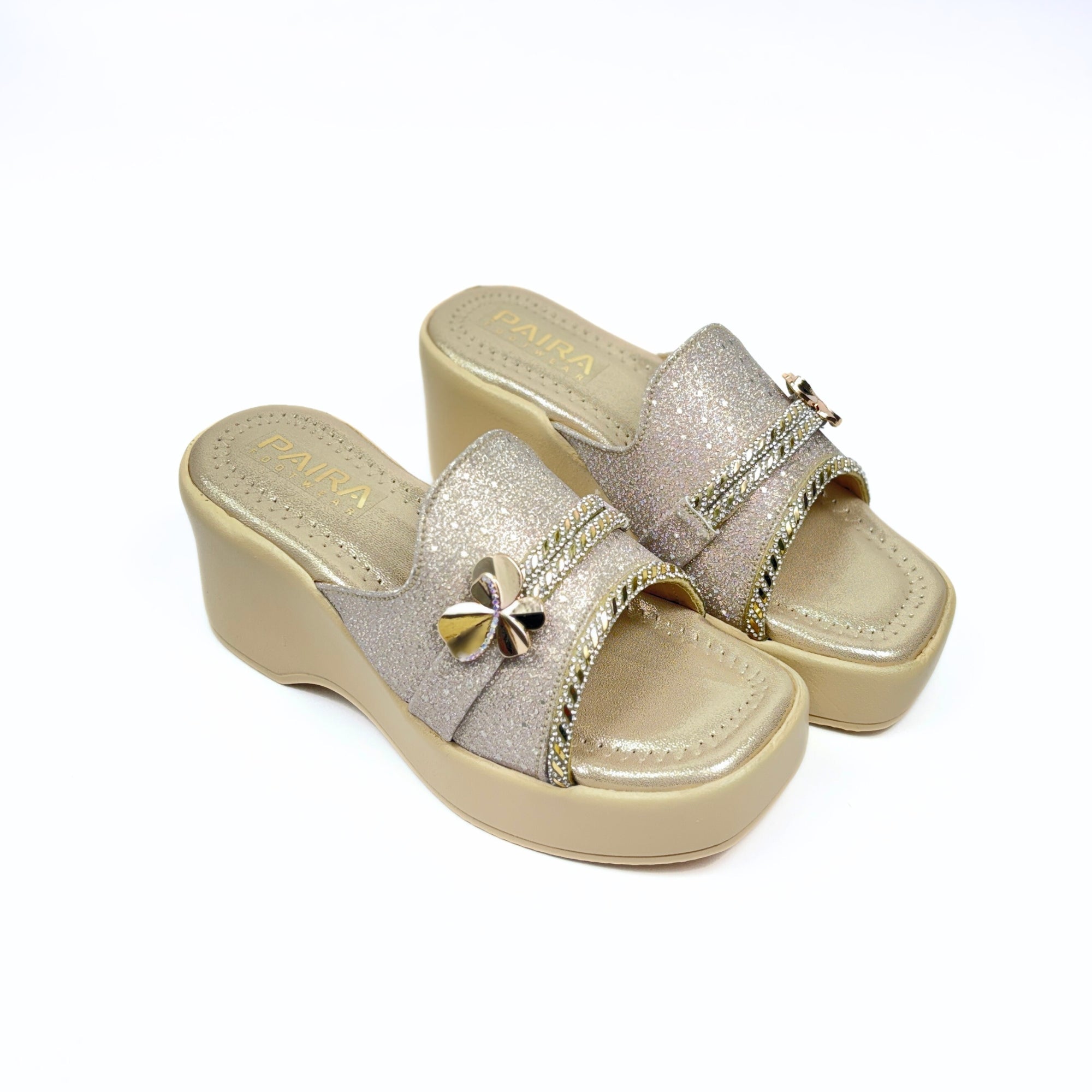 Girls Party Wear Sandals for Kids | Glitter Wedge Heel Slippers with Flower Design | Comfortable & Lightweight | Champagne Gold | Size 12 UK