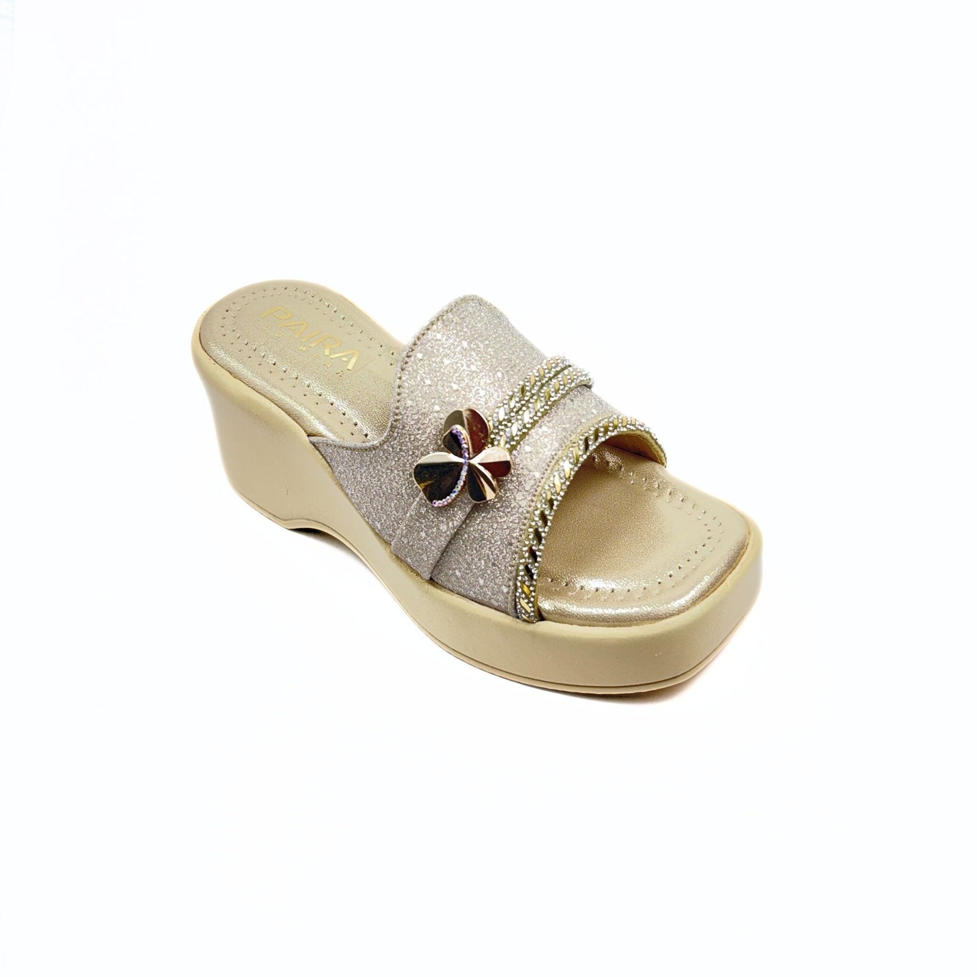 Girls Party Wear Sandals for Kids | Glitter Wedge Heel Slippers with Flower Design | Comfortable & Lightweight | Champagne Gold | Size 2 UK