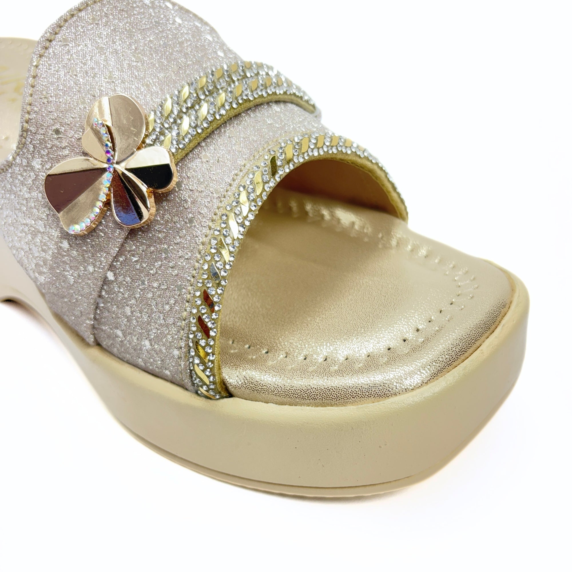 Girls Party Wear Sandals for Kids | Glitter Wedge Heel Slippers with Flower Design | Comfortable & Lightweight | Champagne Gold | Size 4 UK