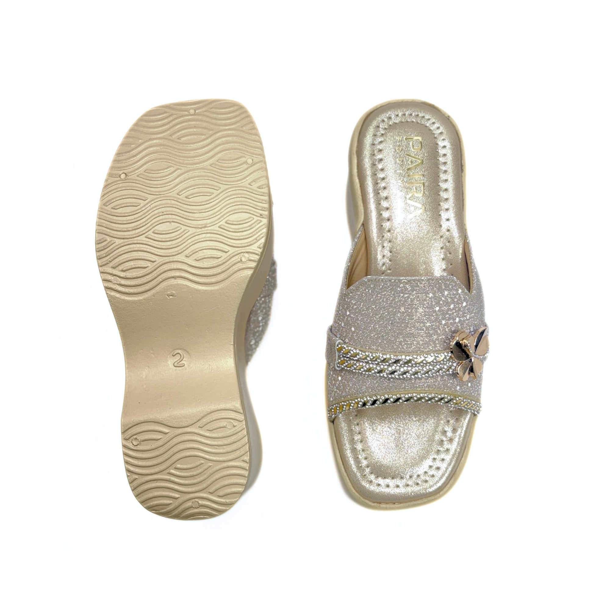 Girls Party Wear Sandals for Kids | Glitter Wedge Heel Slippers with Flower Design | Comfortable & Lightweight | Champagne Gold | Size 3 UK