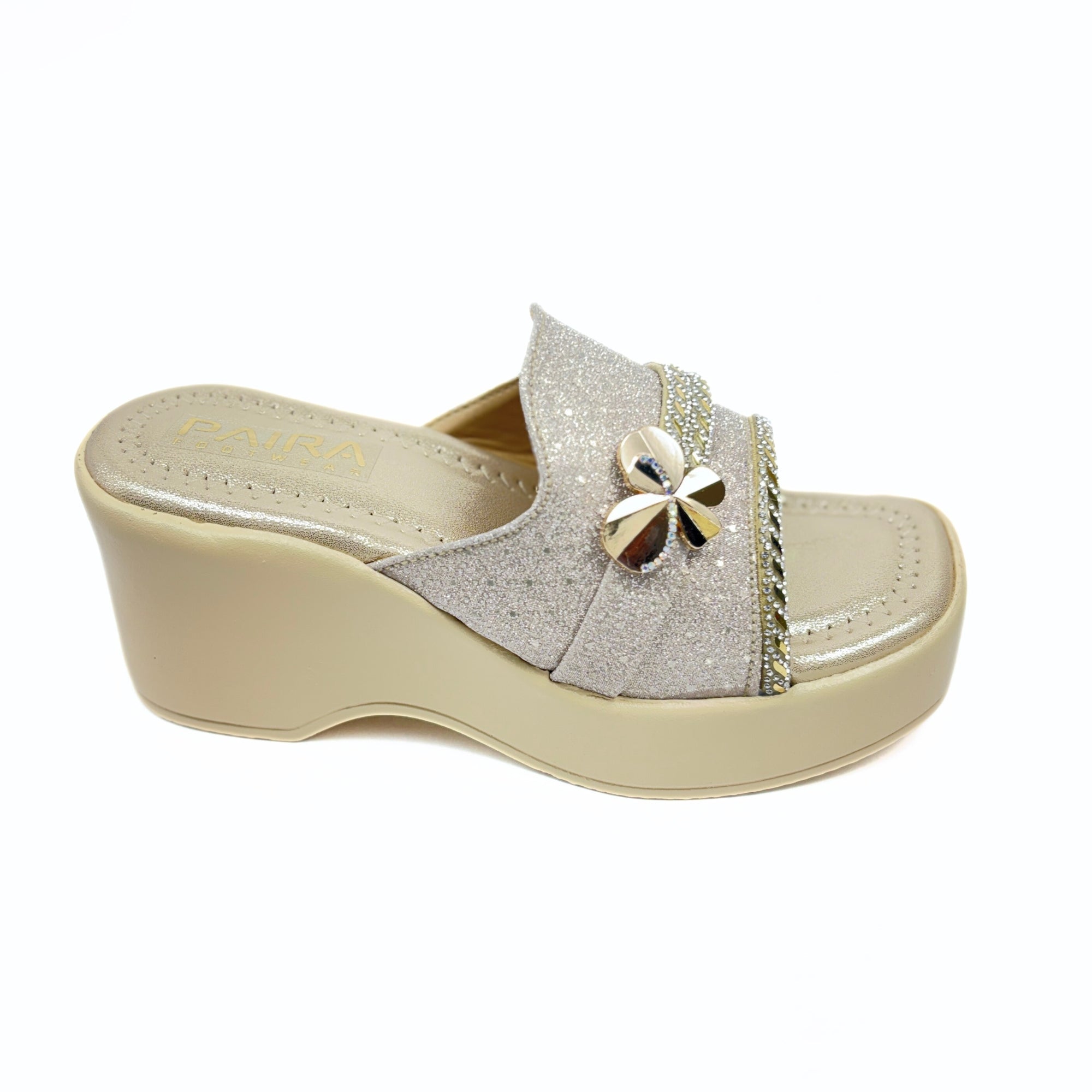 Girls Party Wear Sandals for Kids | Glitter Wedge Heel Slippers with Flower Design | Comfortable & Lightweight | Champagne Gold | Size 3 UK