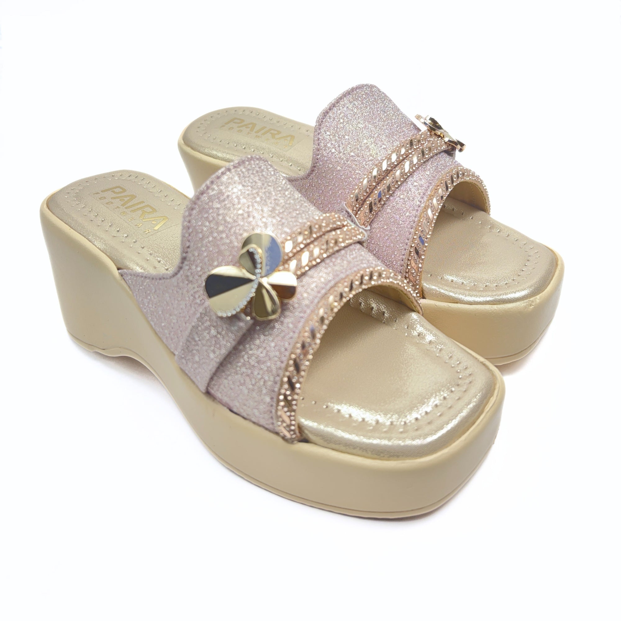 Girls Party Wear Sandals for Kids | Glitter Wedge Heel Slippers with Flower Design | Comfortable & Lightweight | Rose Gold Pink | Size 2 UK
