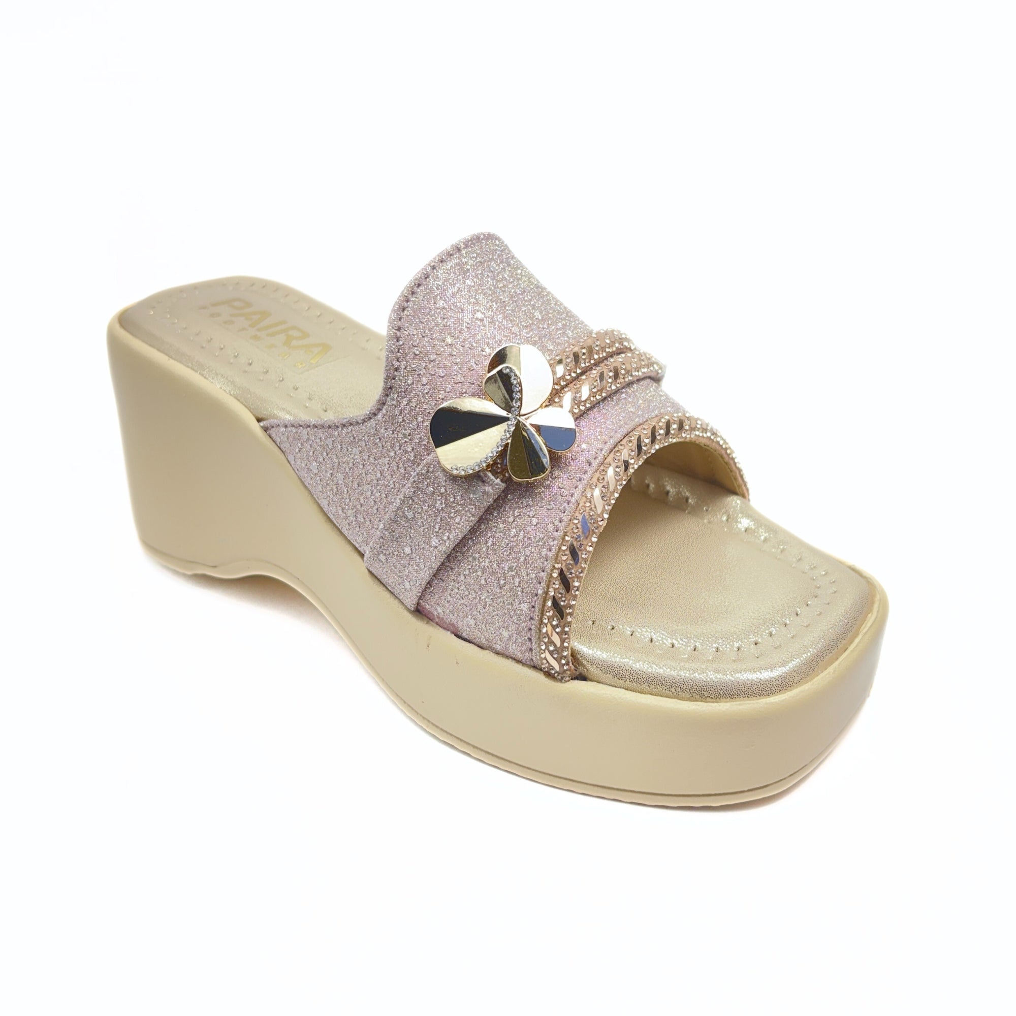 Girls Party Wear Sandals for Kids | Glitter Wedge Heel Slippers with Flower Design | Comfortable & Lightweight | Rose Gold Pink | Size 1 UK