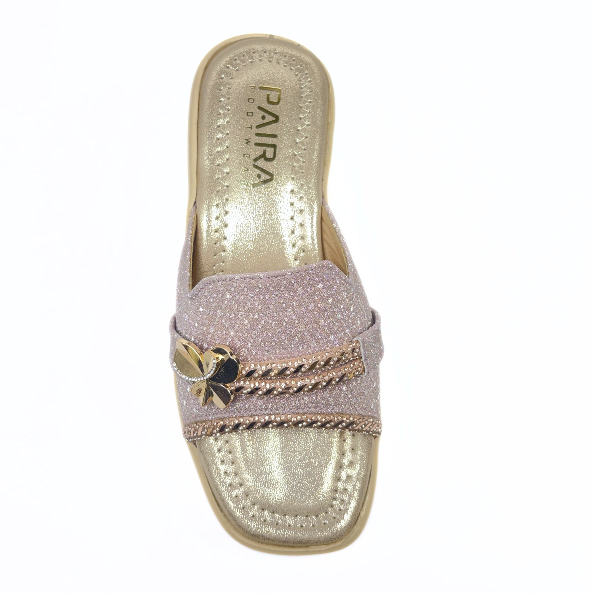 Girls Party Wear Sandals for Kids | Glitter Wedge Heel Slippers with Flower Design | Comfortable & Lightweight | Rose Gold Pink | Size 2 UK