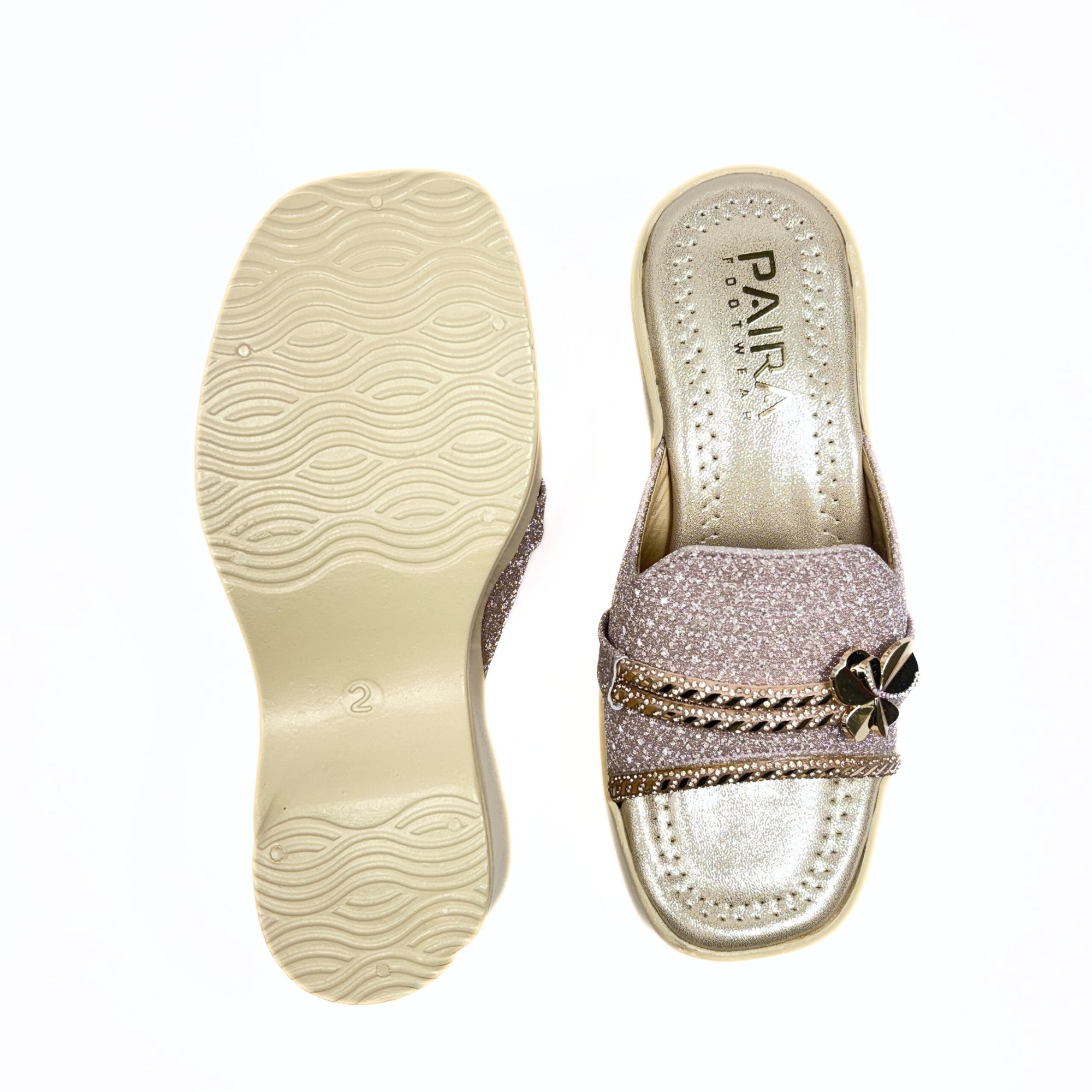 Girls Party Wear Sandals for Kids | Glitter Wedge Heel Slippers with Flower Design | Comfortable & Lightweight | Rose Gold Pink | Size 2 UK