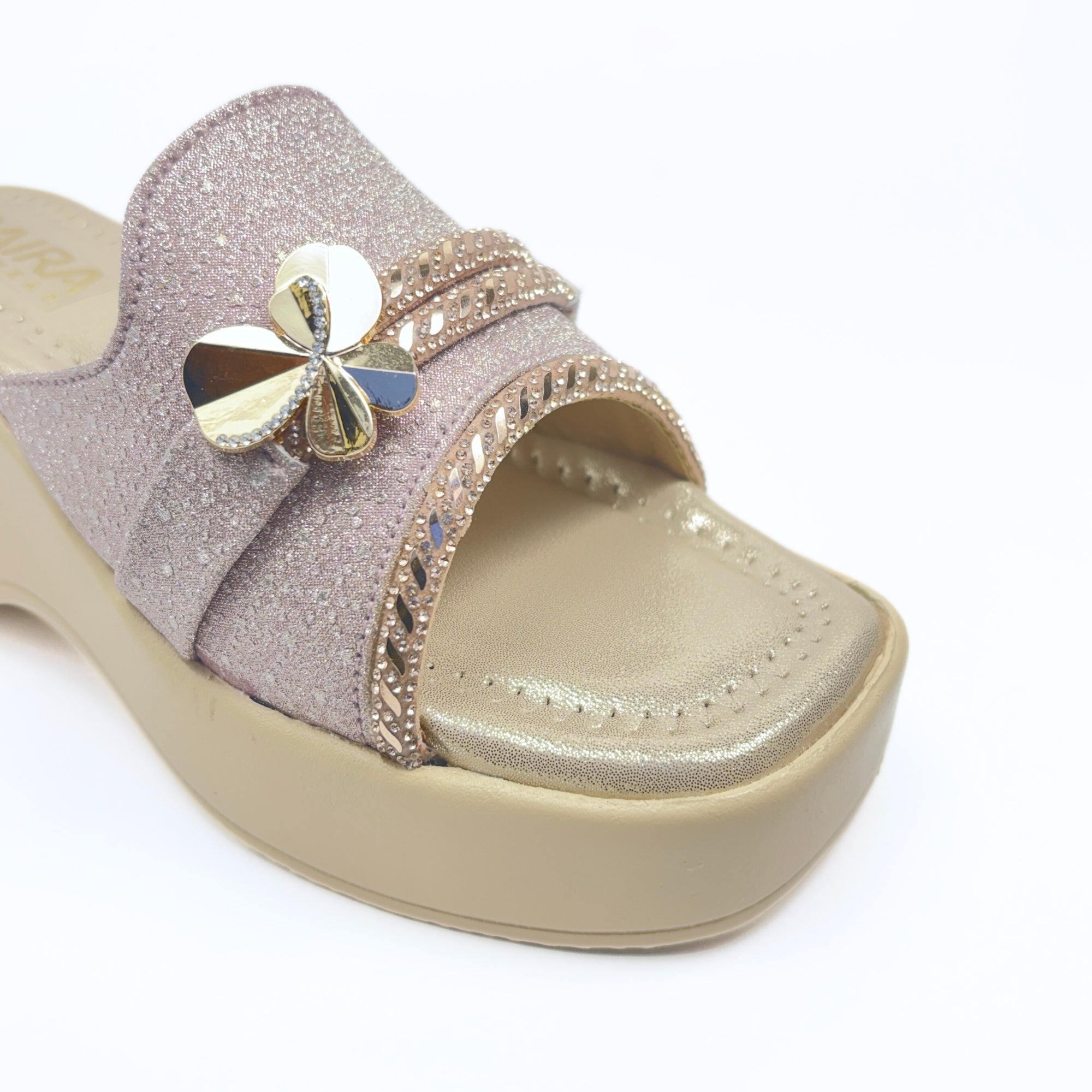 Girls Party Wear Sandals for Kids | Glitter Wedge Heel Slippers with Flower Design | Comfortable & Lightweight | Rose Gold Pink | Size 2 UK