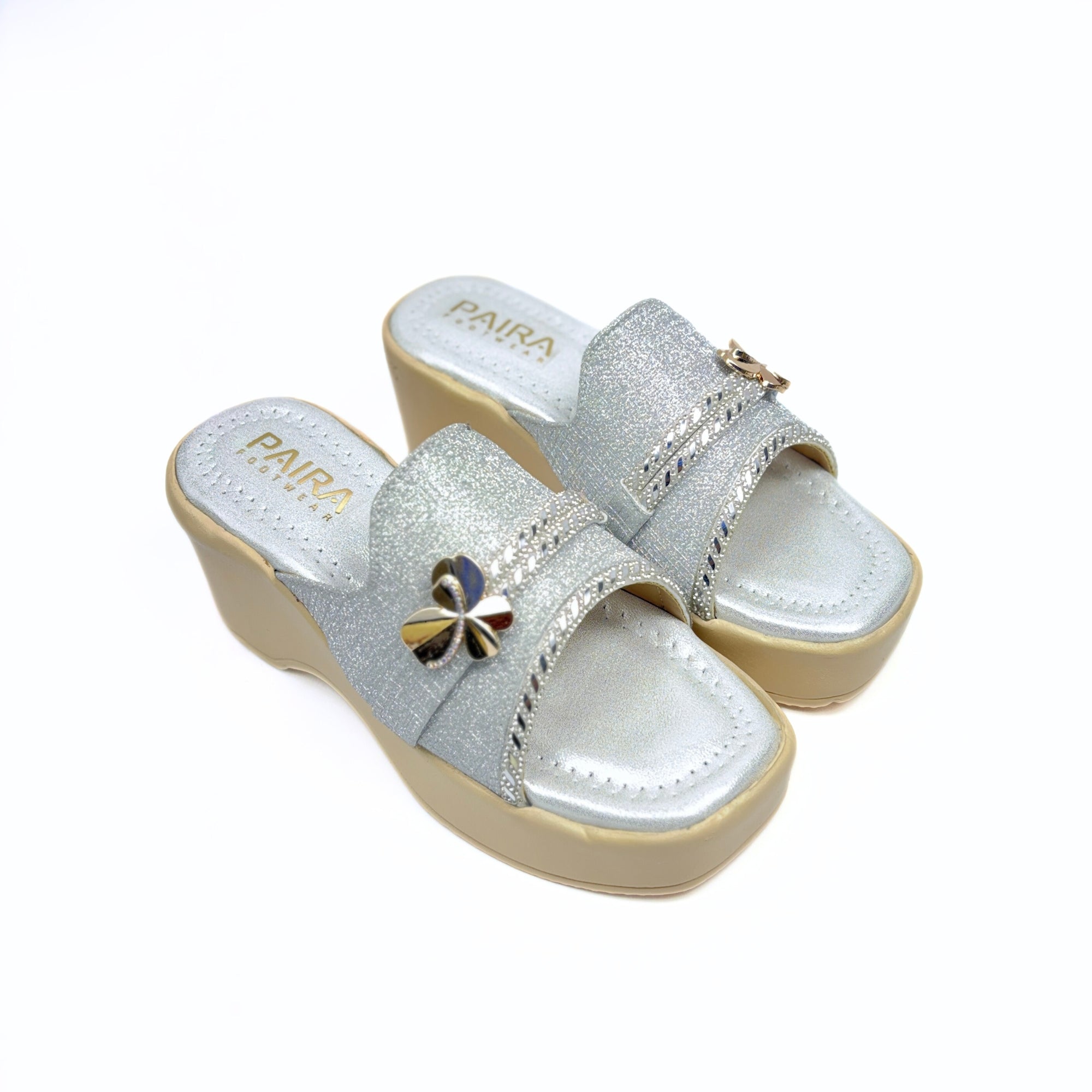 Girls Party Wear Sandals for Kids | Glitter Wedge Heel Slippers with Flower Design | Comfortable & Lightweight | Shimmer Silver | Size 11 UK