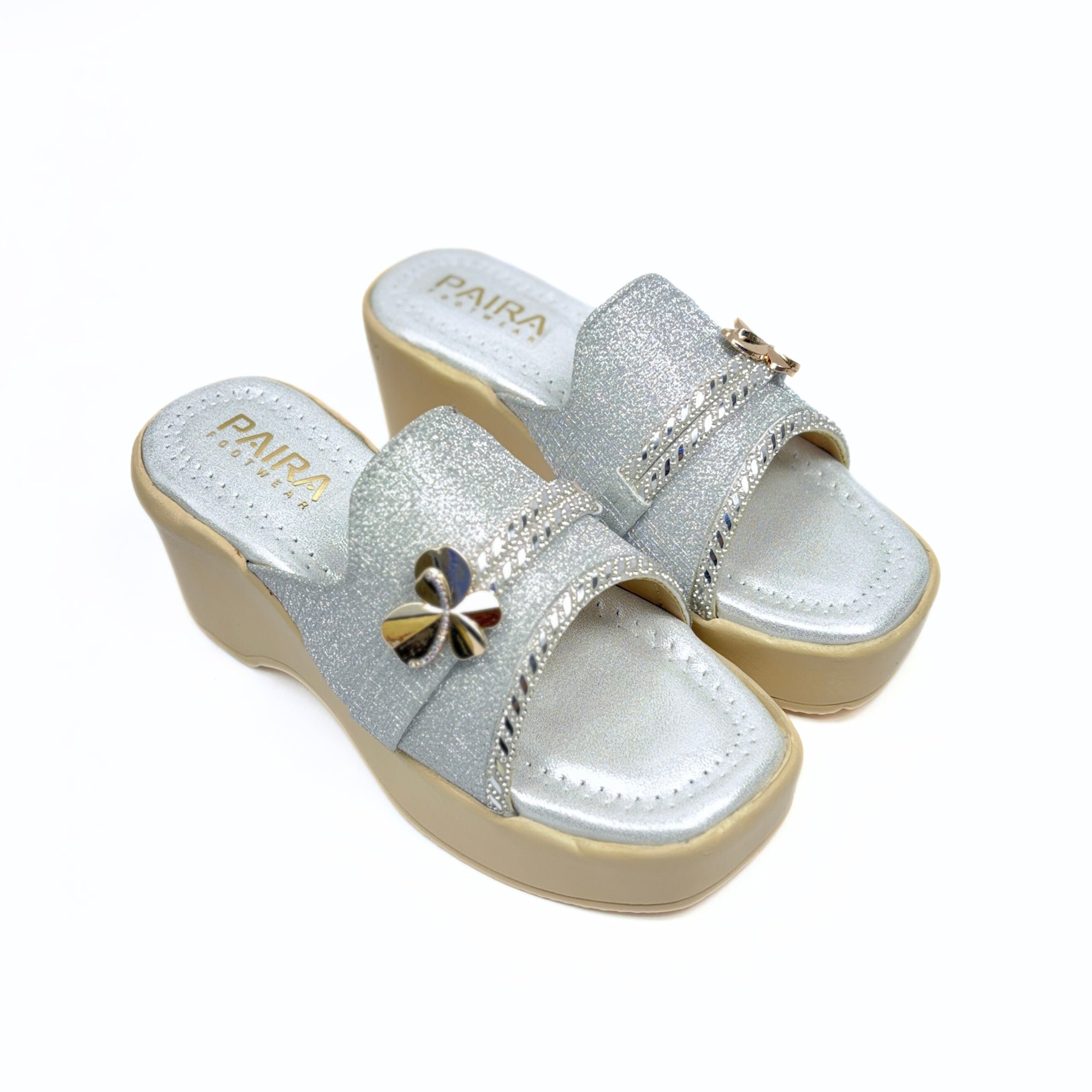 Girls Party Wear Sandals for Kids | Glitter Wedge Heel Slippers with Flower Design | Comfortable & Lightweight | Shimmer Silver | Size 3 UK