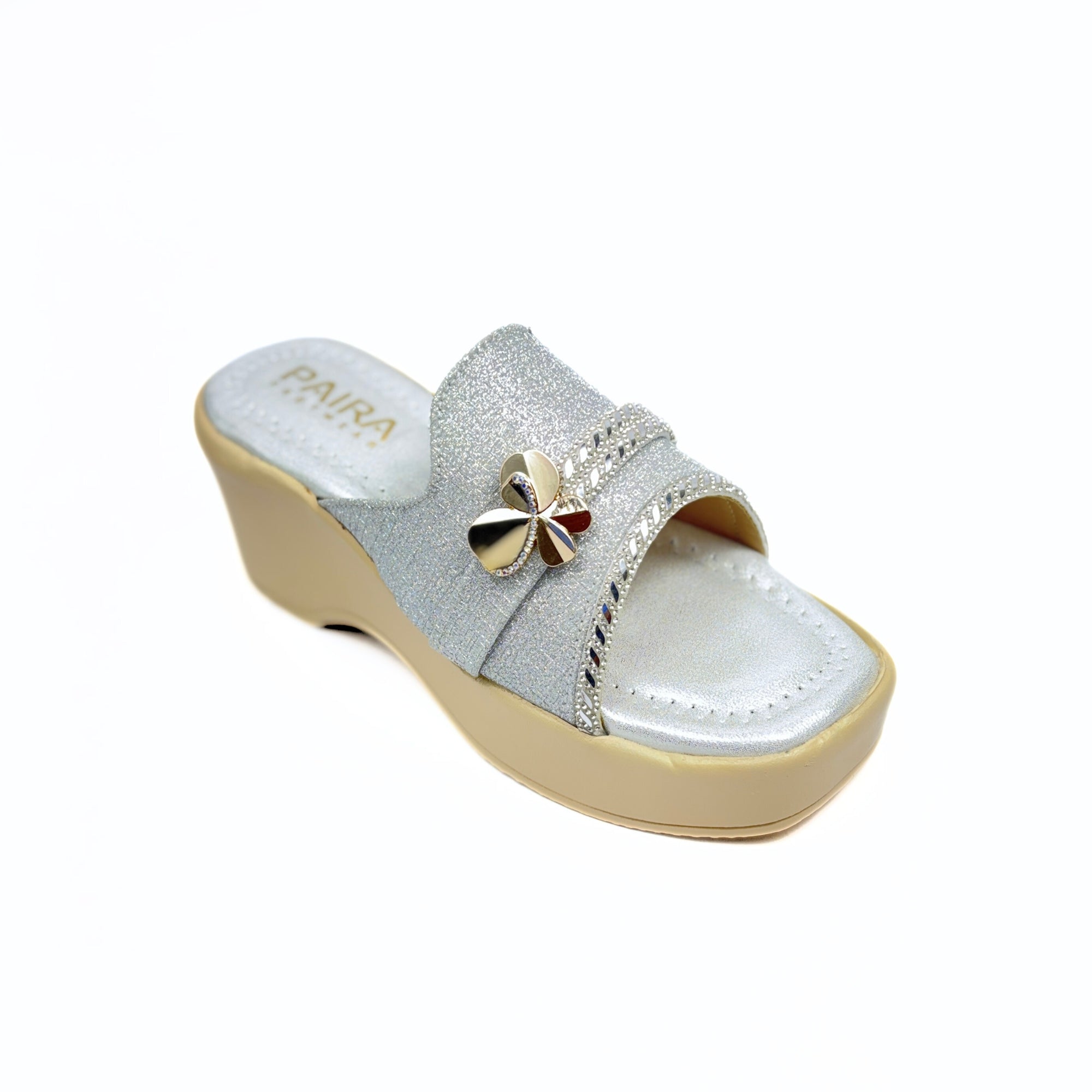 Girls Party Wear Sandals for Kids | Glitter Wedge Heel Slippers with Flower Design | Comfortable & Lightweight | Shimmer Silver | Size 2 UK