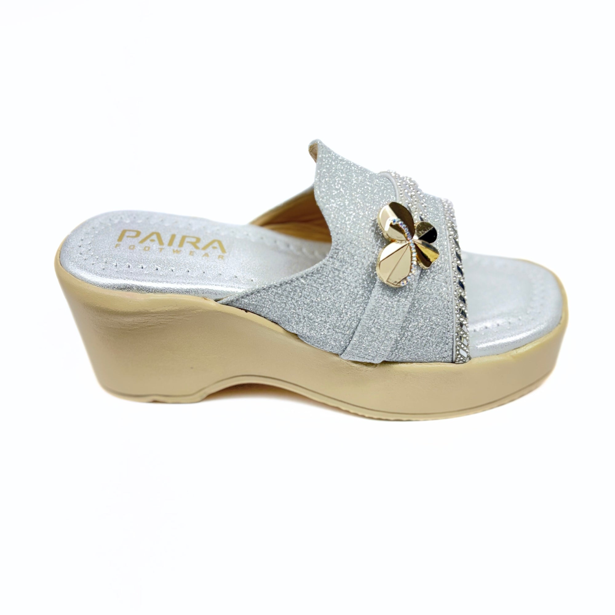 Girls Party Wear Sandals for Kids | Glitter Wedge Heel Slippers with Flower Design | Comfortable & Lightweight | Shimmer Silver | Size 1 UK