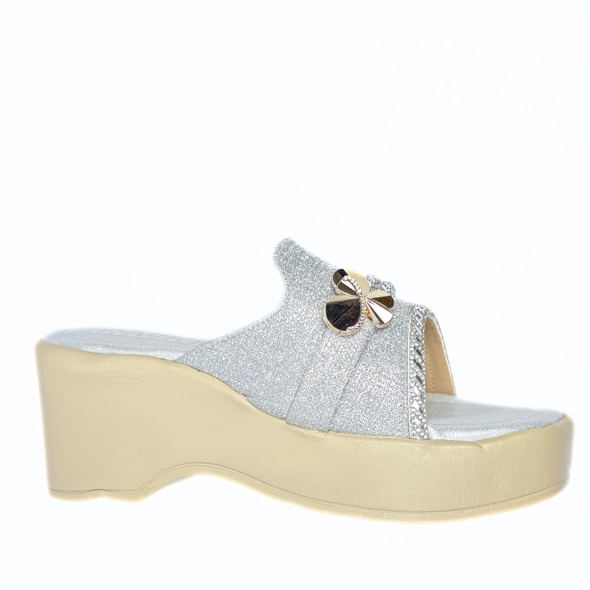 Girls Party Wear Sandals for Kids | Glitter Wedge Heel Slippers with Flower Design | Comfortable & Lightweight | Shimmer Silver | Size 4 UK