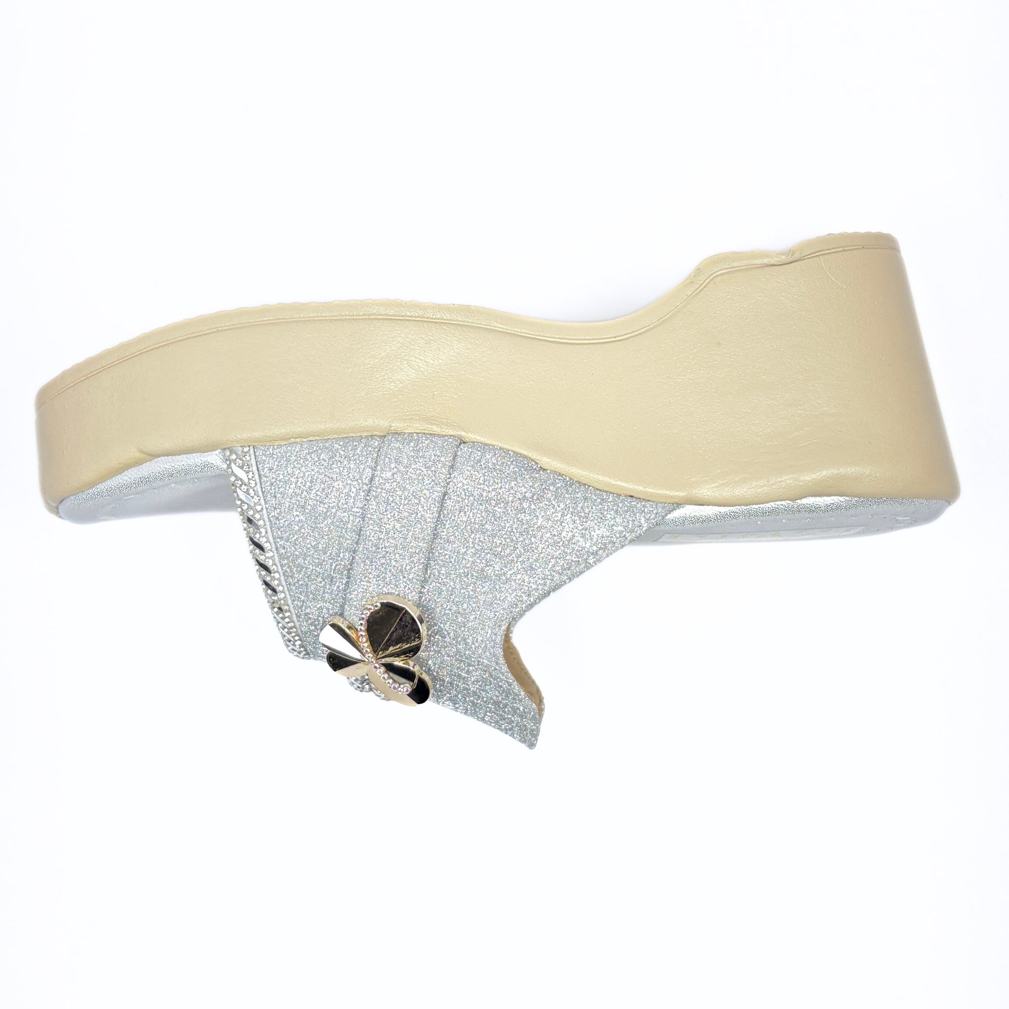 Girls Party Wear Sandals for Kids | Glitter Wedge Heel Slippers with Flower Design | Comfortable & Lightweight | Shimmer Silver | Size 4 UK