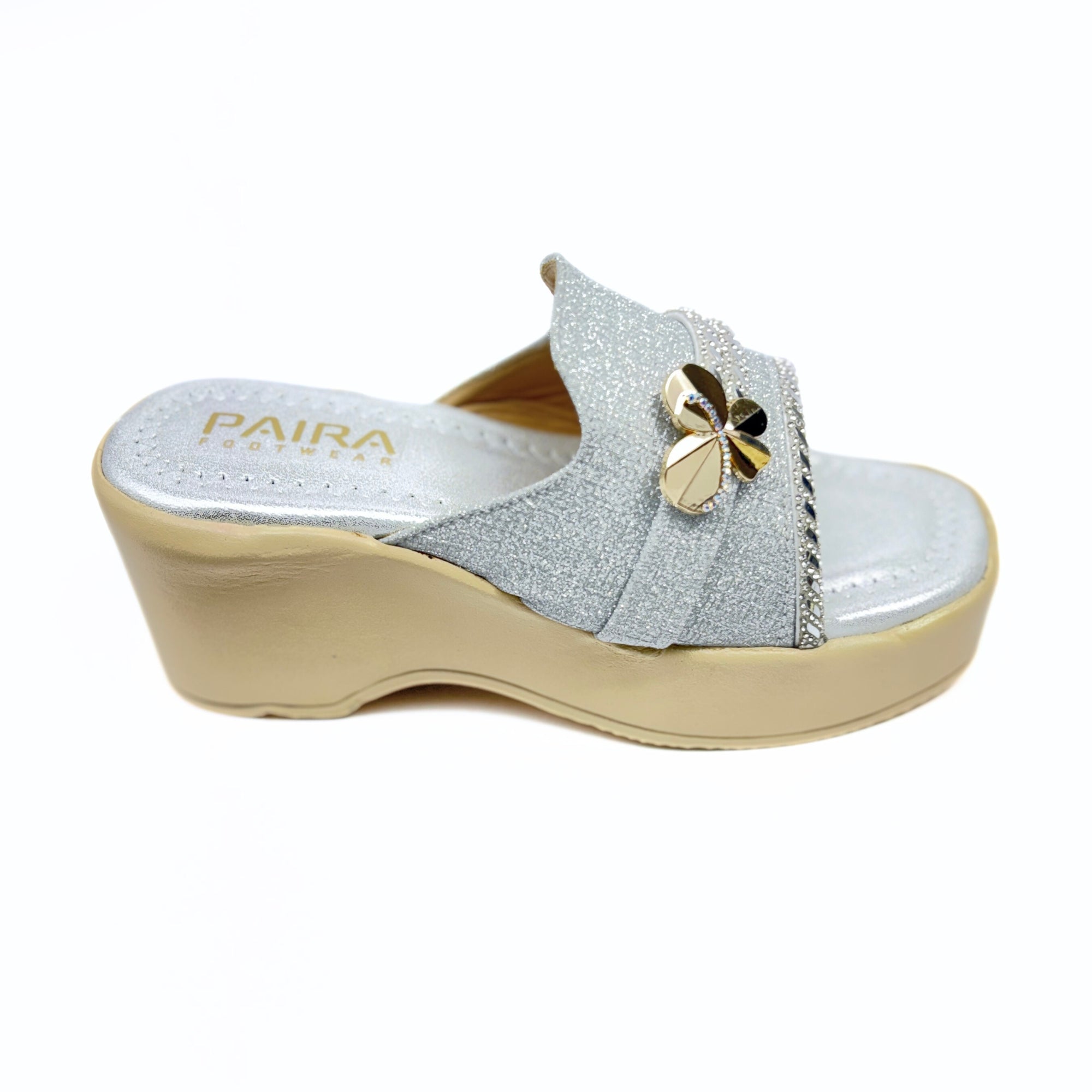 Girls Party Wear Sandals for Kids | Glitter Wedge Heel Slippers with Flower Design | Comfortable & Lightweight | Shimmer Silver | Size 4 UK