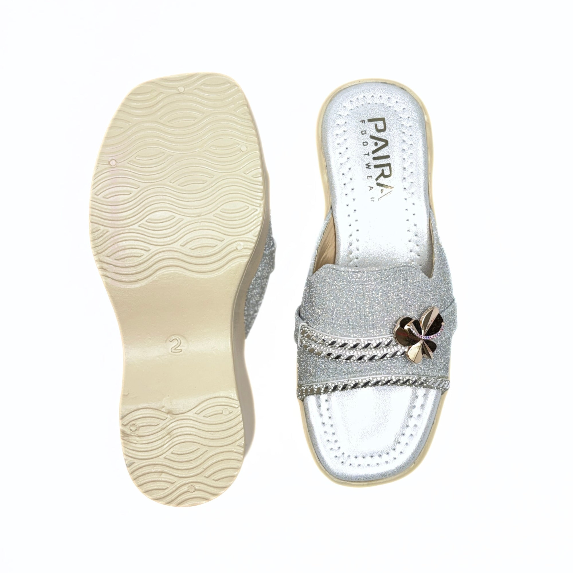 Girls Party Wear Sandals for Kids | Glitter Wedge Heel Slippers with Flower Design | Comfortable & Lightweight | Shimmer Silver | Size 2 UK