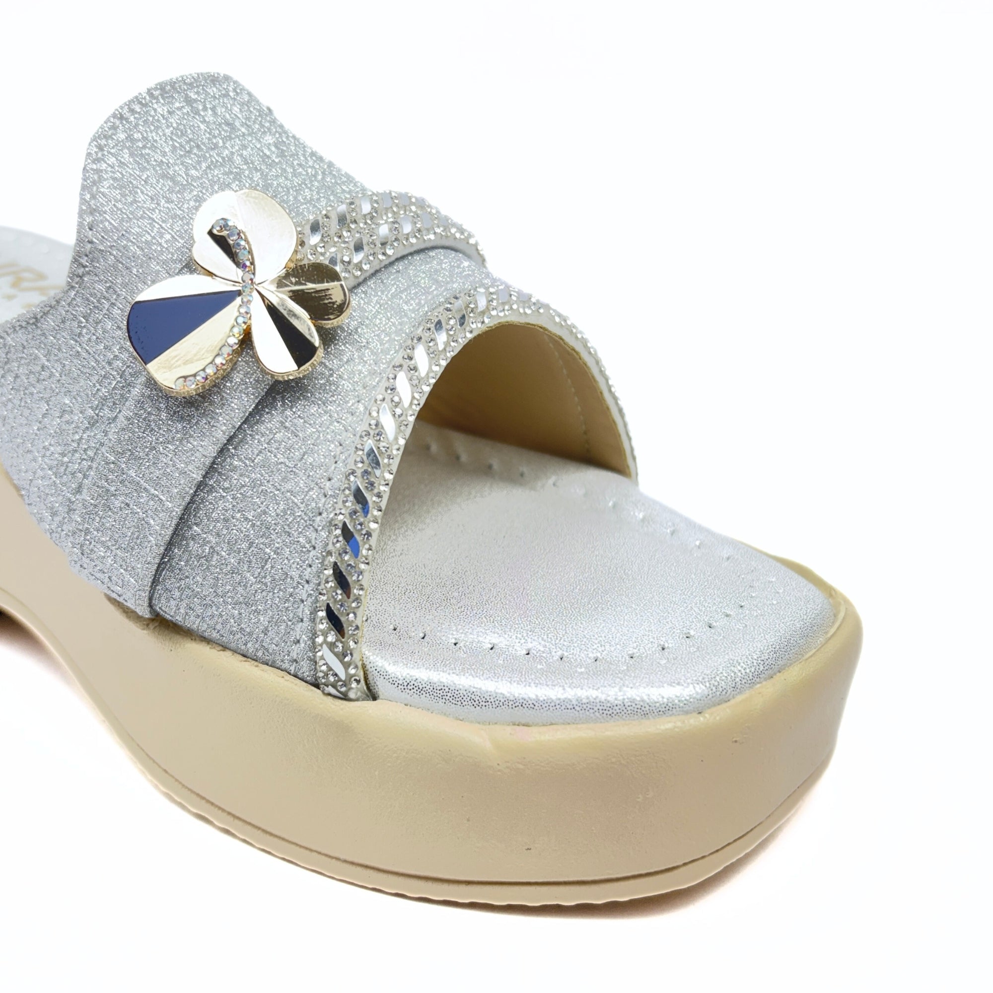Girls Party Wear Sandals for Kids | Glitter Wedge Heel Slippers with Flower Design | Comfortable & Lightweight | Shimmer Silver | Size 4 UK