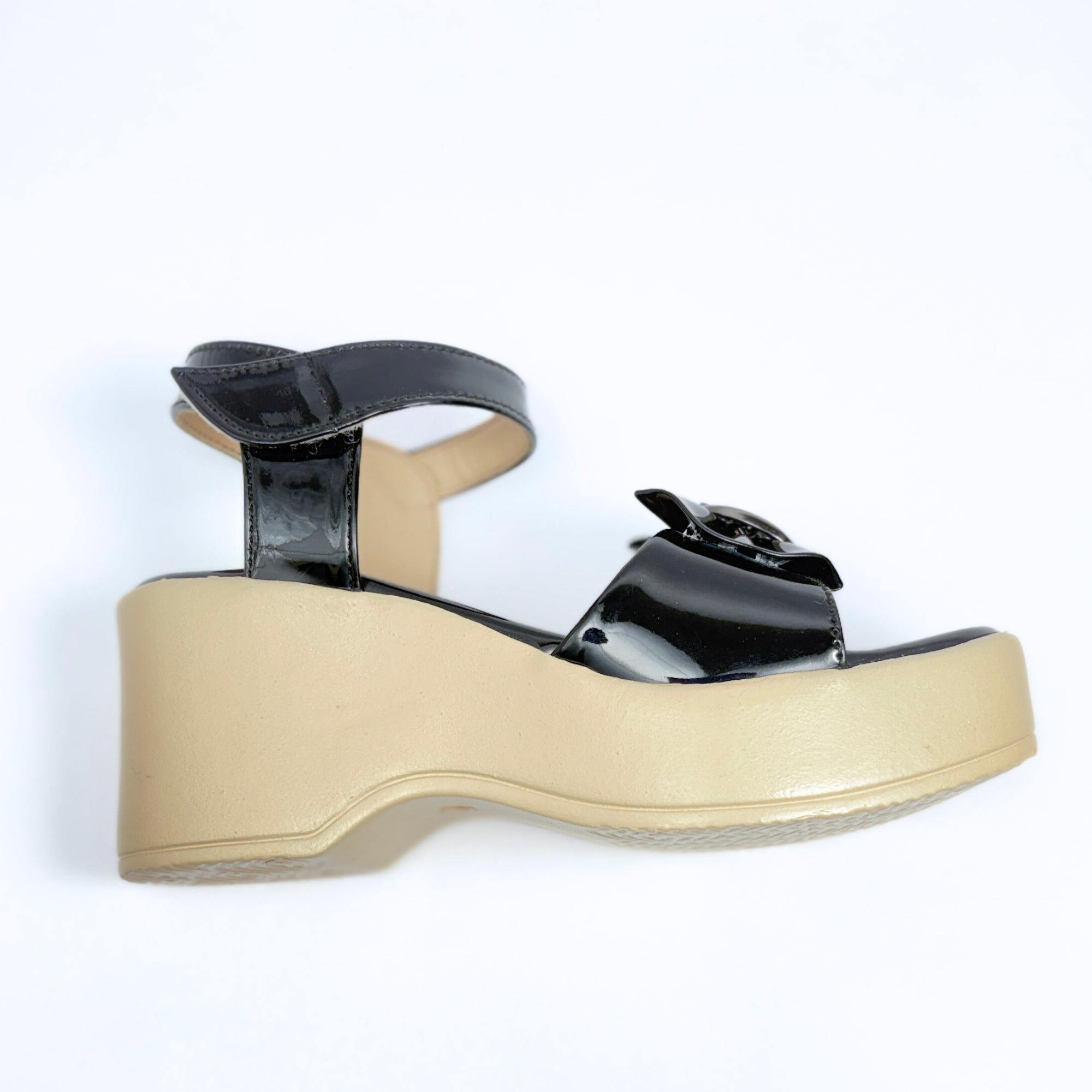 Girls Party Wear Sandals for Kids | Glossy Ankle Strap Wedge Heel with Bow Design | Comfortable & Secure Fit | Classic Black | Size 12 UK