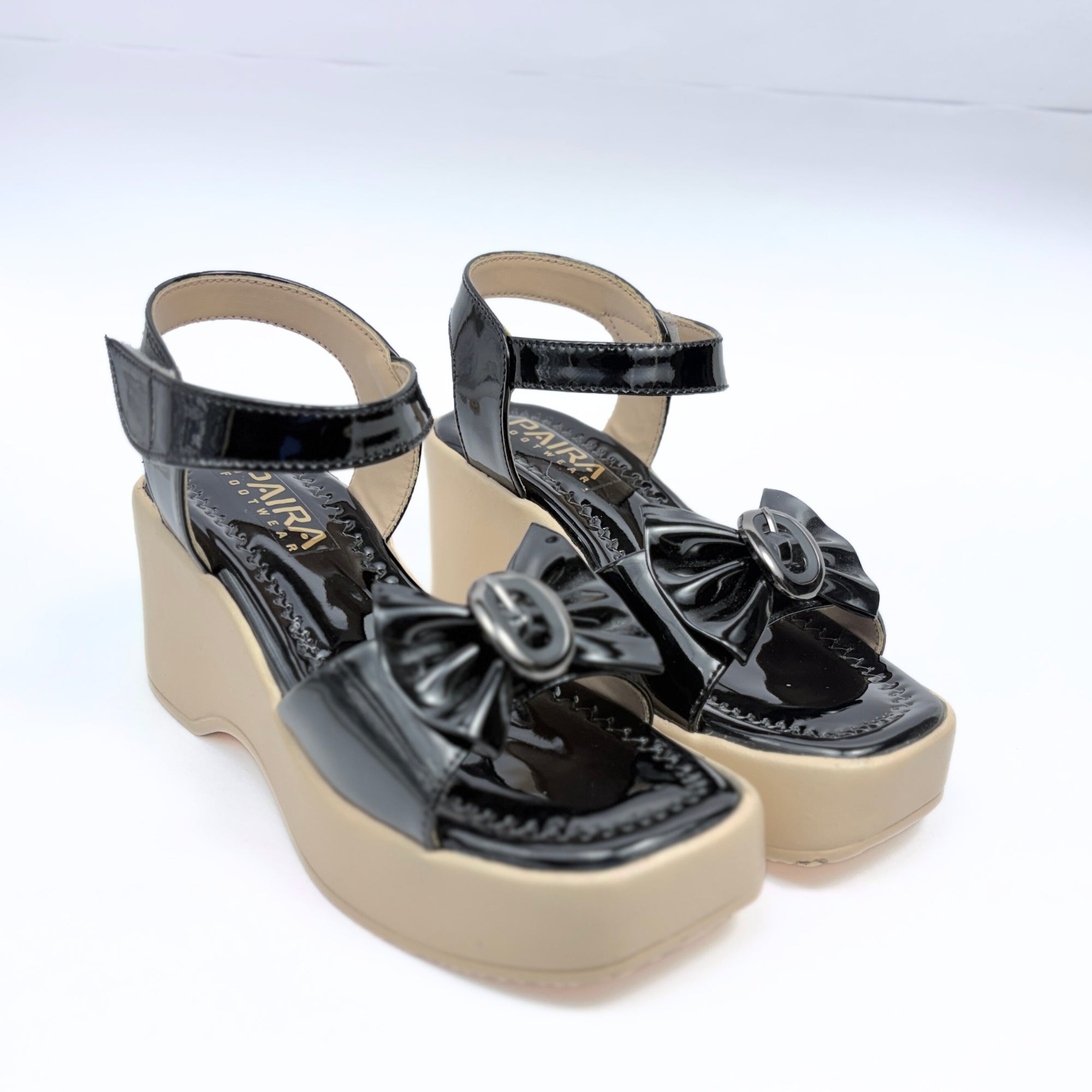 Girls Party Wear Sandals for Kids | Glossy Ankle Strap Wedge Heel with Bow Design | Comfortable & Secure Fit | Classic Black | Size 3 UK