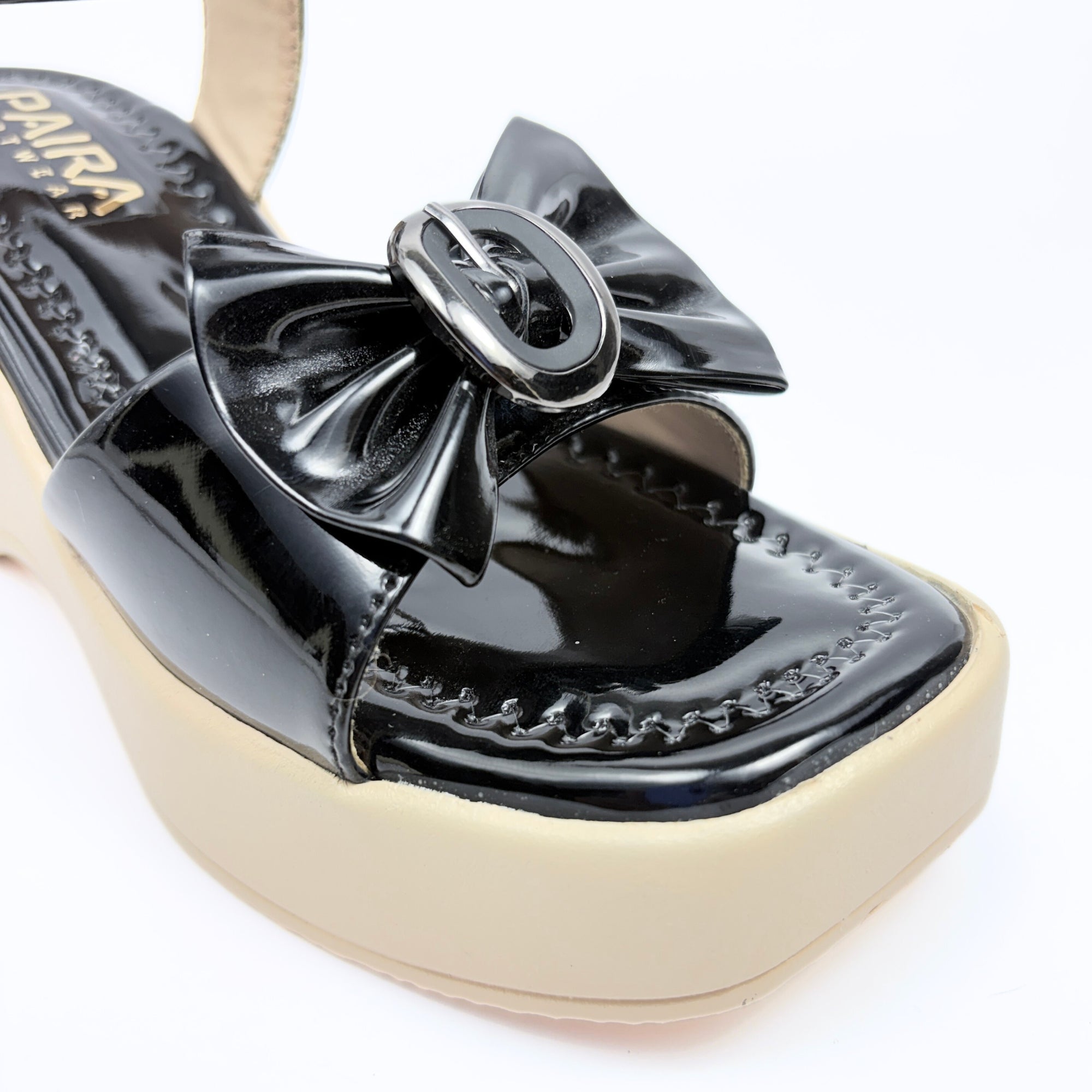 Girls Party Wear Sandals for Kids | Glossy Ankle Strap Wedge Heel with Bow Design | Comfortable & Secure Fit | Classic Black | Size 5 UK