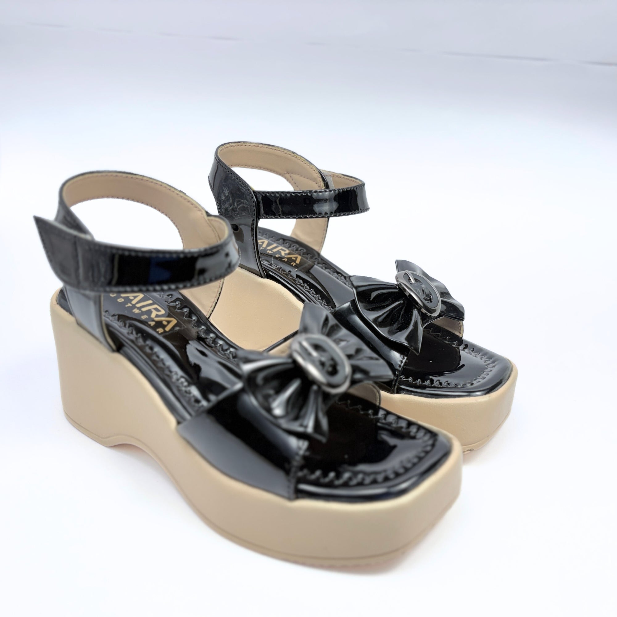 Girls Party Wear Sandals for Kids | Glossy Ankle Strap Wedge Heel with Bow Design | Comfortable & Secure Fit | Classic Black | Size 12 UK