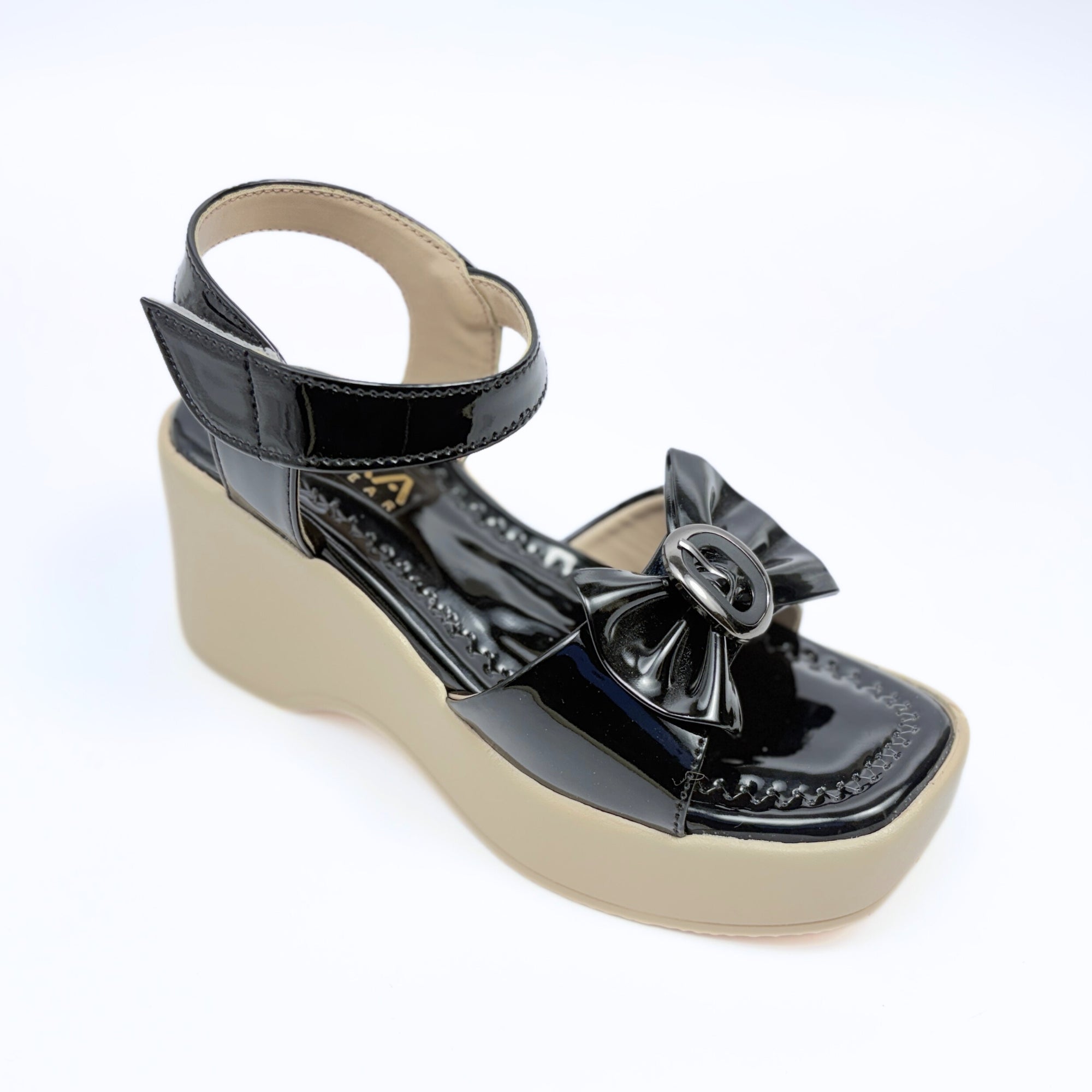 Girls Party Wear Sandals for Kids | Glossy Ankle Strap Wedge Heel with Bow Design | Comfortable & Secure Fit | Classic Black | Size 1 UK