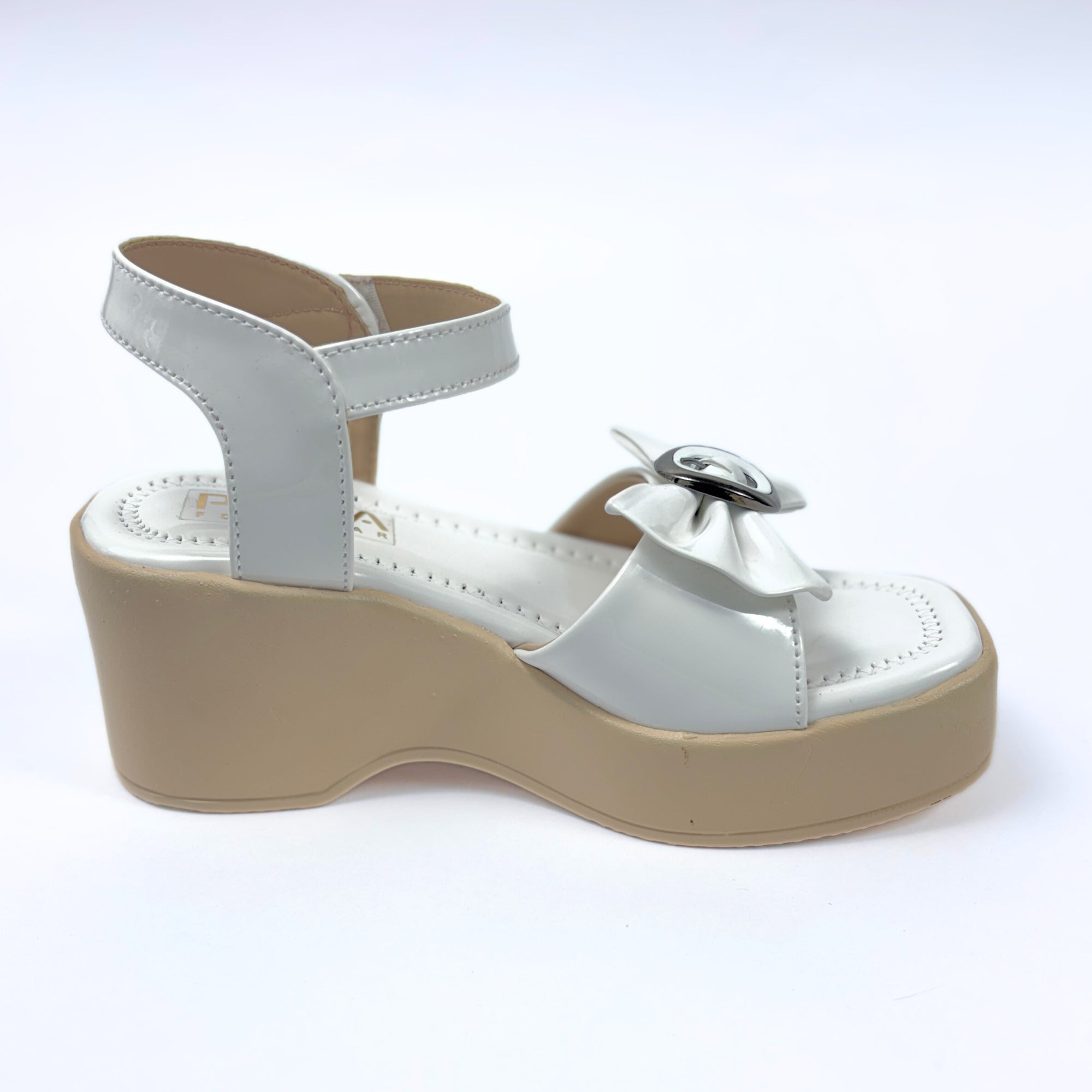 Girls Party Wear Sandals for Kids | Ankle Strap Wedge Heel with Bow Design | Comfortable & Secure Fit | Pearl White | Size 11 UK
