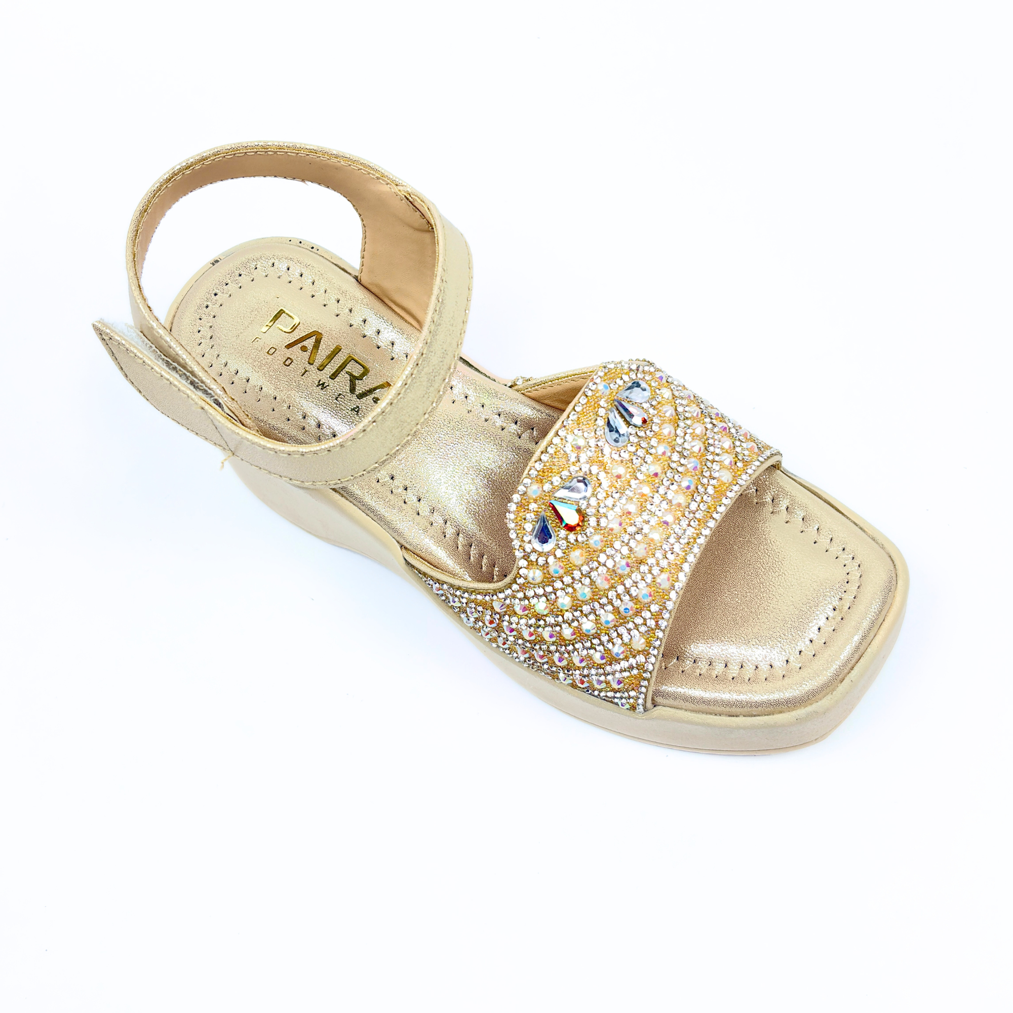 Girls Party Wear Sandals for Kids | Crystal Embellished Front Strap with Ankle Strap | Comfortable Wedge Heel | Secure & Stylish Fit | Champagne Gold | Size 13 UK