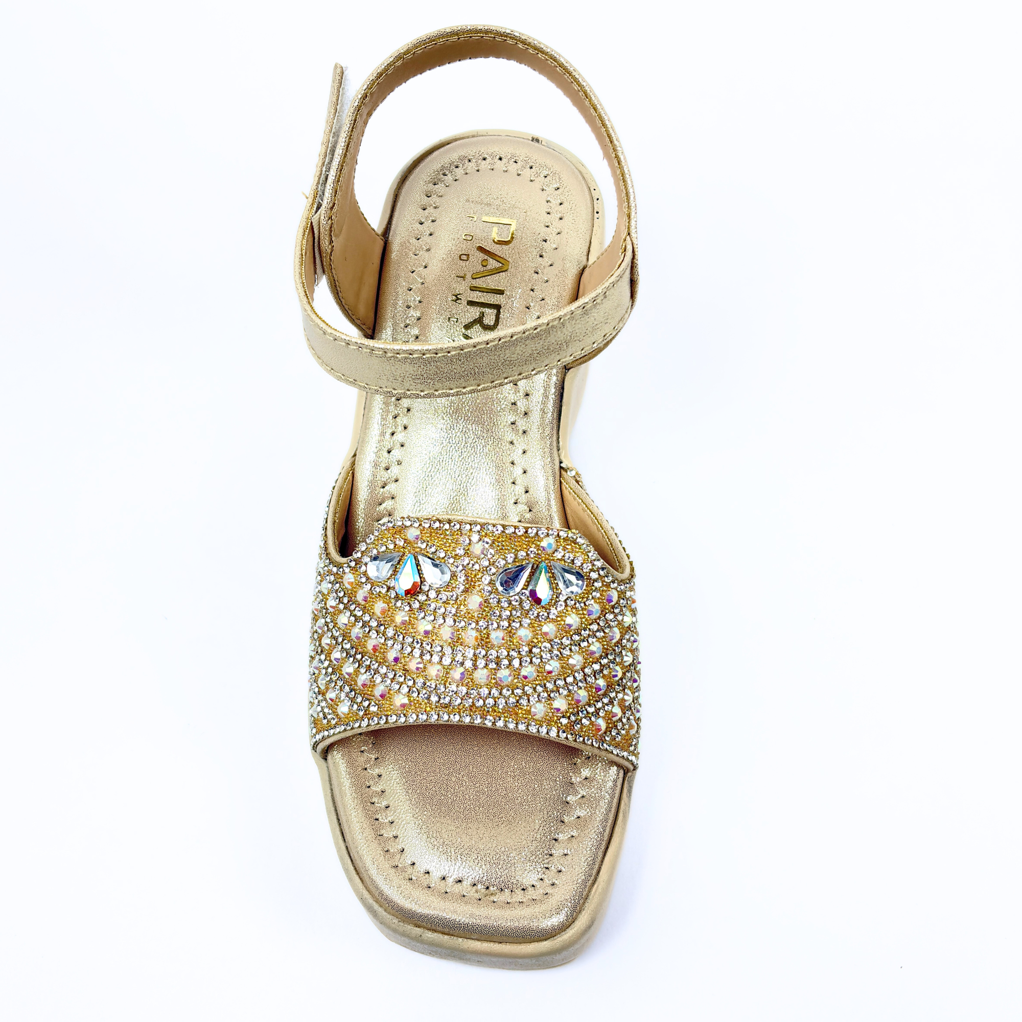 Girls Party Wear Sandals for Kids | Crystal Embellished Front Strap with Ankle Strap | Comfortable Wedge Heel | Secure & Stylish Fit | Champagne Gold | Size 13 UK