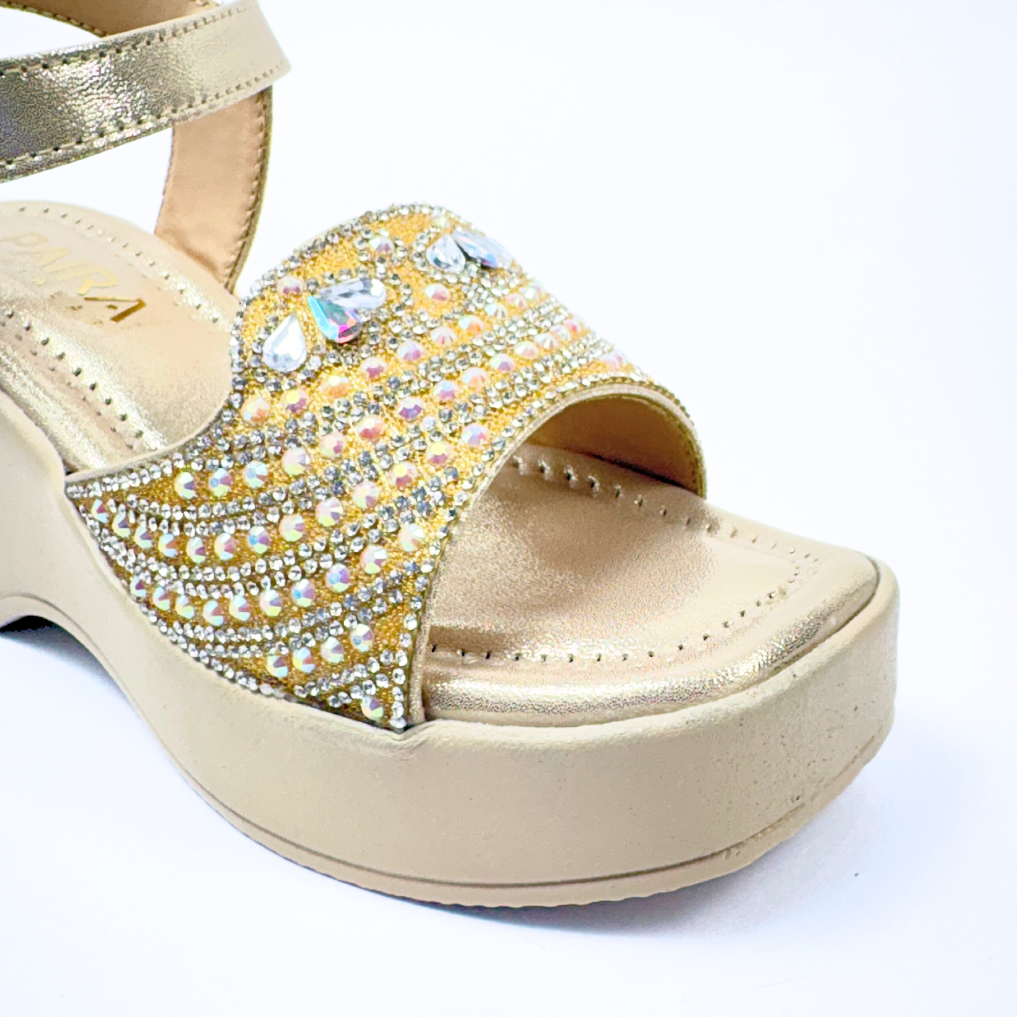 Girls Party Wear Sandals for Kids | Crystal Embellished Front Strap with Ankle Strap | Comfortable Wedge Heel | Secure & Stylish Fit | Champagne Gold | Size 4 UK