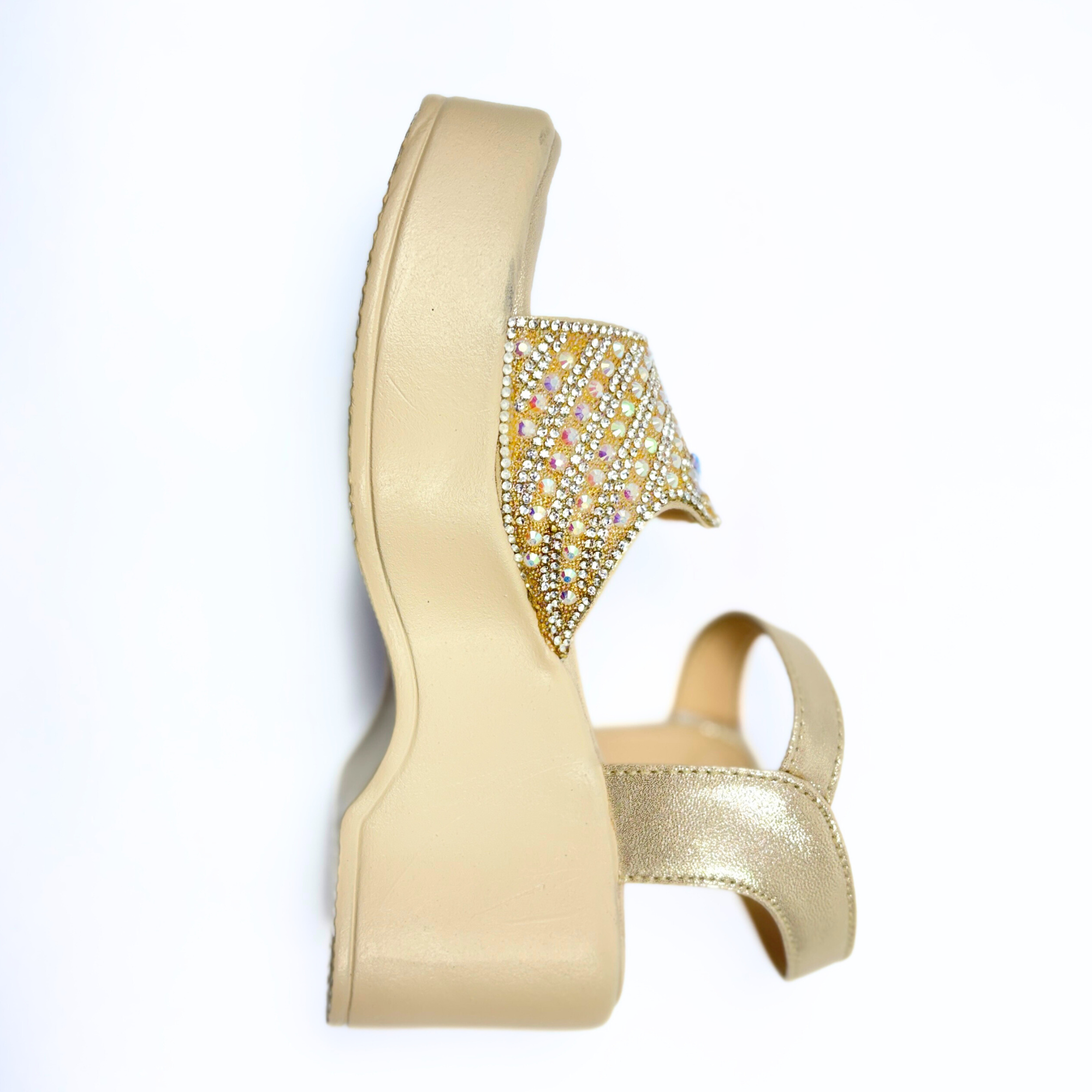 Girls Party Wear Sandals for Kids | Crystal Embellished Front Strap with Ankle Strap | Comfortable Wedge Heel | Secure & Stylish Fit | Champagne Gold | Size 12 UK