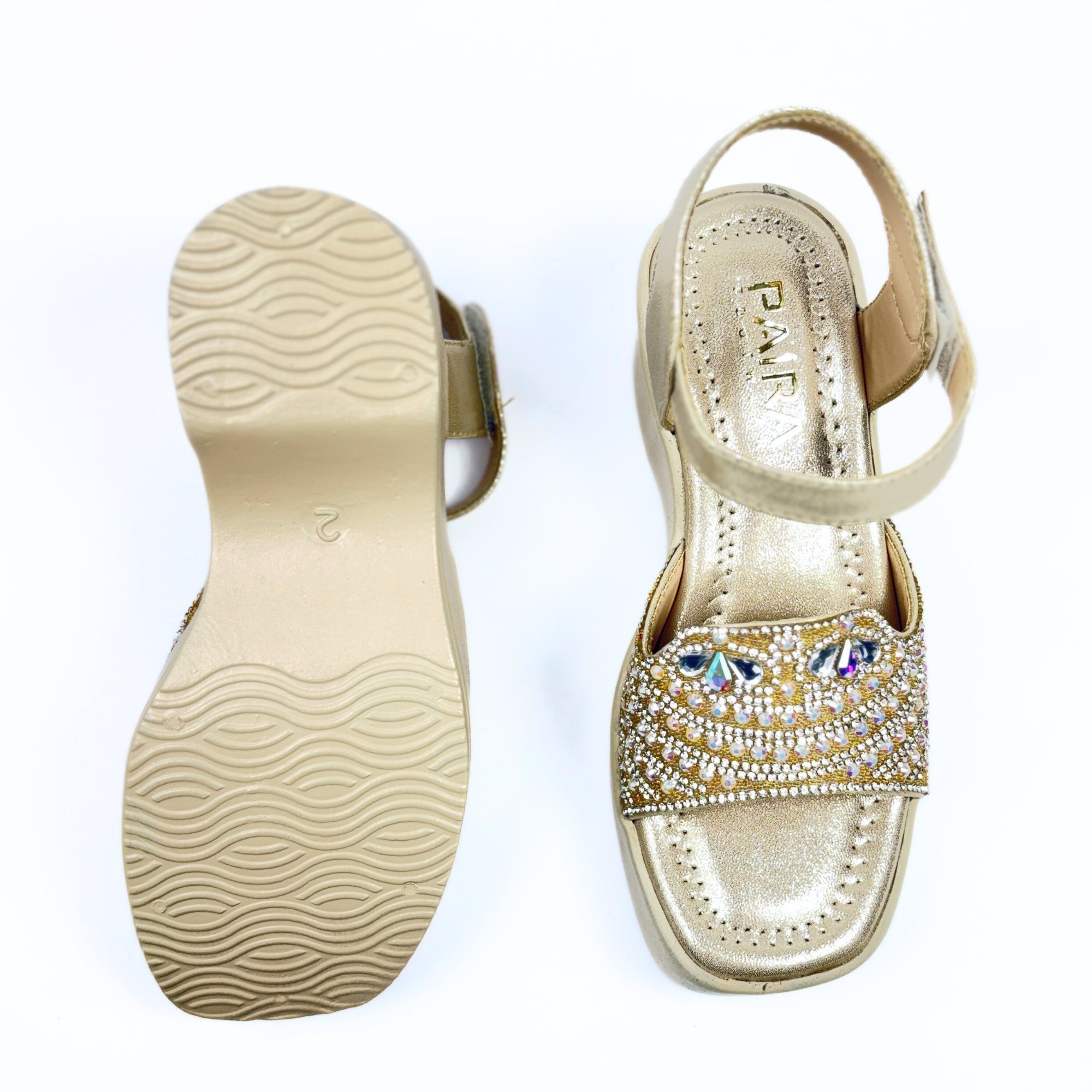 Girls Party Wear Sandals for Kids | Crystal Embellished Front Strap with Ankle Strap | Comfortable Wedge Heel | Secure & Stylish Fit | Champagne Gold | Size 12 UK