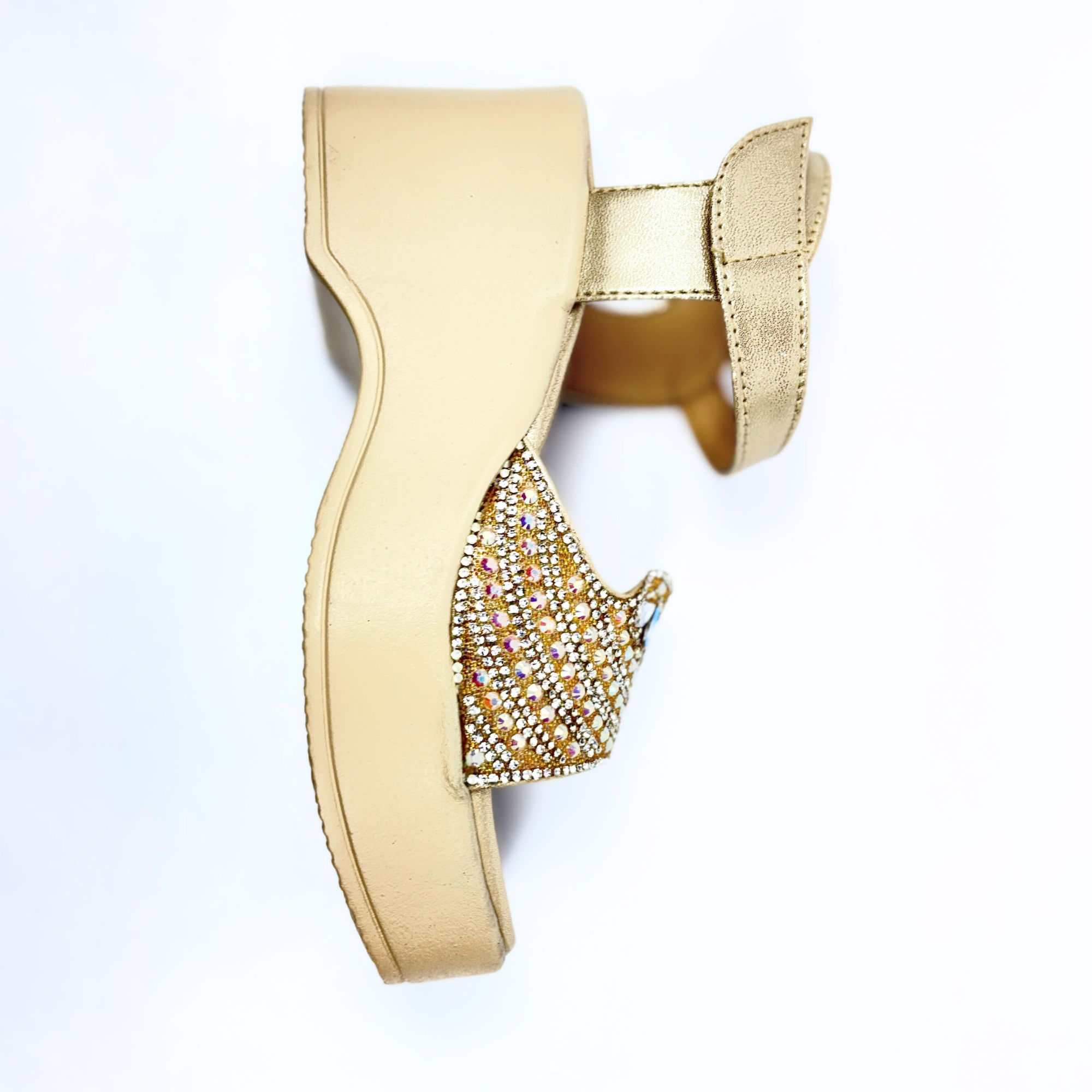 Girls Party Wear Sandals for Kids | Crystal Embellished Front Strap with Ankle Strap | Comfortable Wedge Heel | Secure & Stylish Fit | Champagne Gold | Size 12 UK