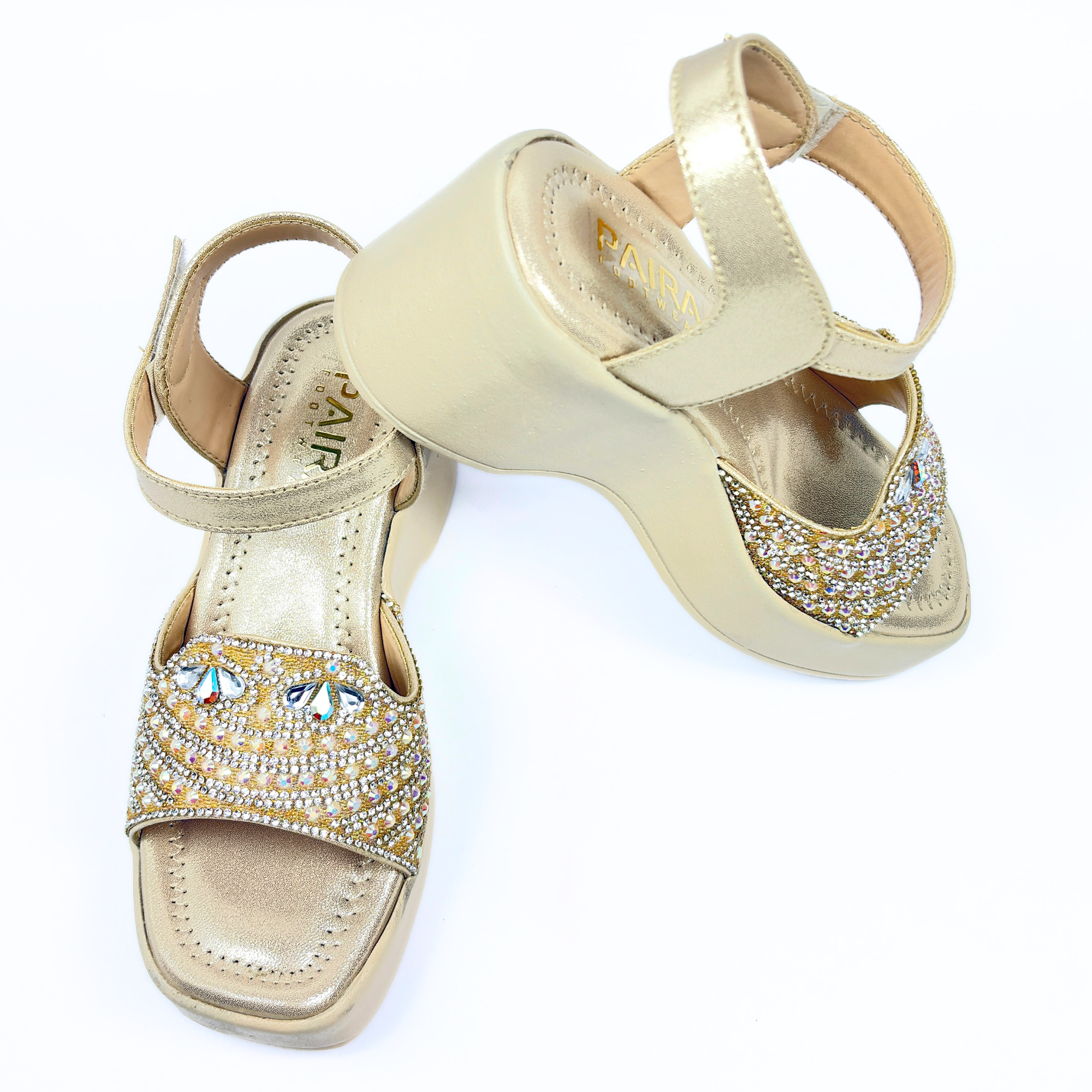 Girls Party Wear Sandals for Kids | Crystal Embellished Front Strap with Ankle Strap | Comfortable Wedge Heel | Secure & Stylish Fit | Champagne Gold | Size 2 UK