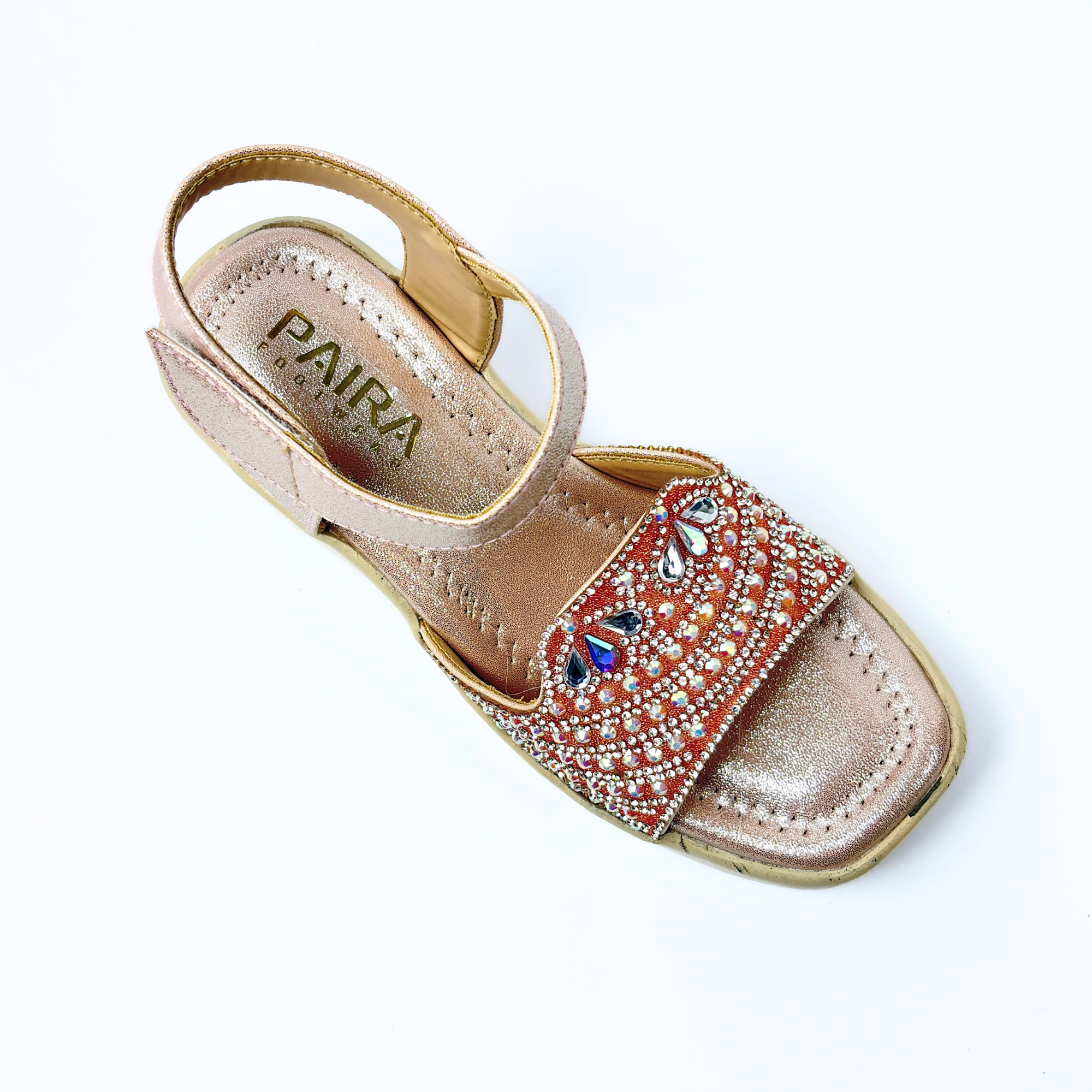 Girls Party Wear Sandals for Kids | Embellished Front Strap with Ankle Strap | Comfortable Wedge Heel | Stylish & Secure Fit | Rose Gold Peach | Size 11 UK