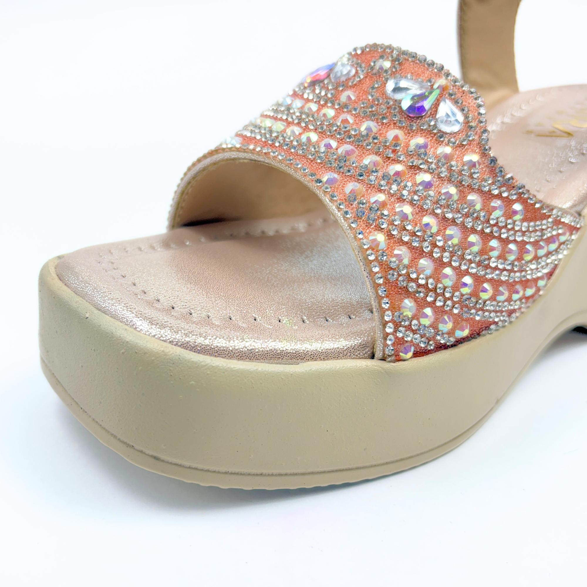 Girls Party Wear Sandals for Kids | Embellished Front Strap with Ankle Strap | Comfortable Wedge Heel | Stylish & Secure Fit | Rose Gold Peach | Size 12 UK