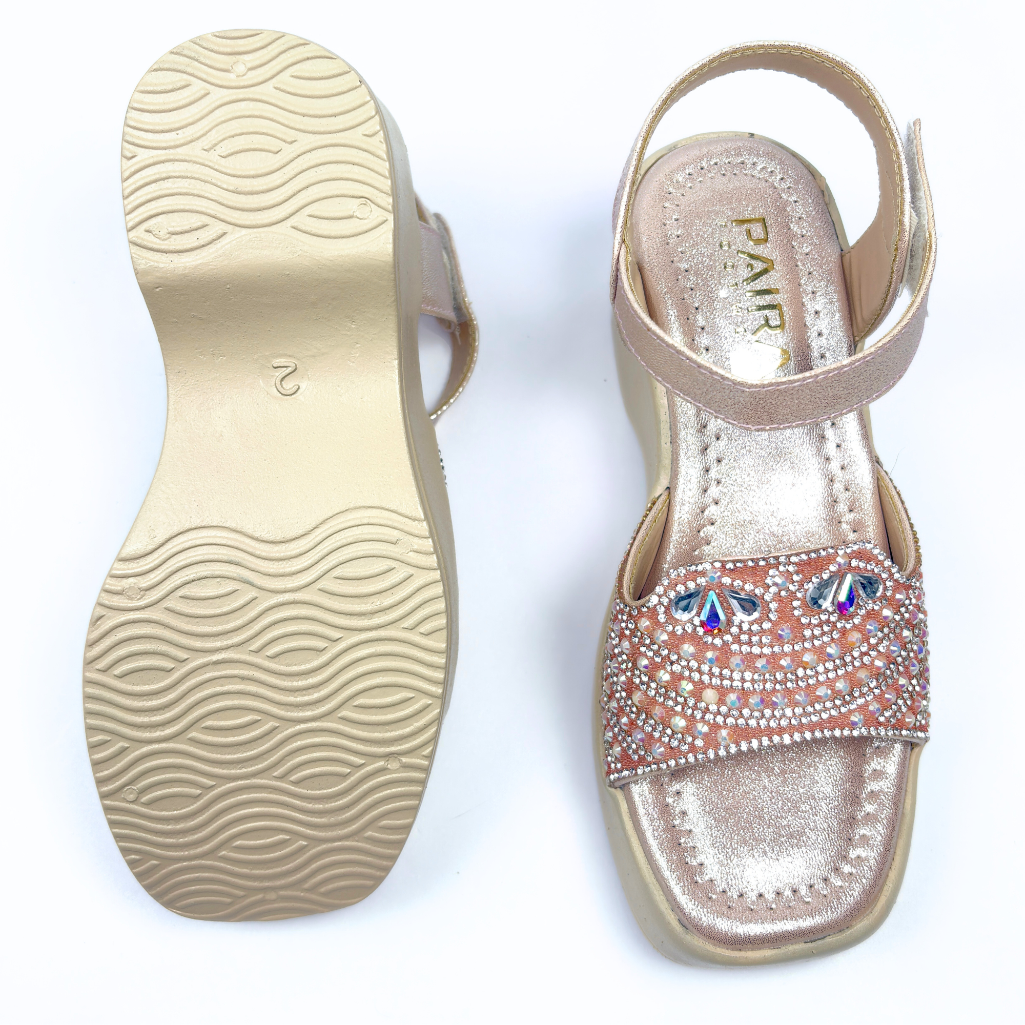 Girls Party Wear Sandals for Kids | Embellished Front Strap with Ankle Strap | Comfortable Wedge Heel | Stylish & Secure Fit | Rose Gold Peach | Size 11 UK