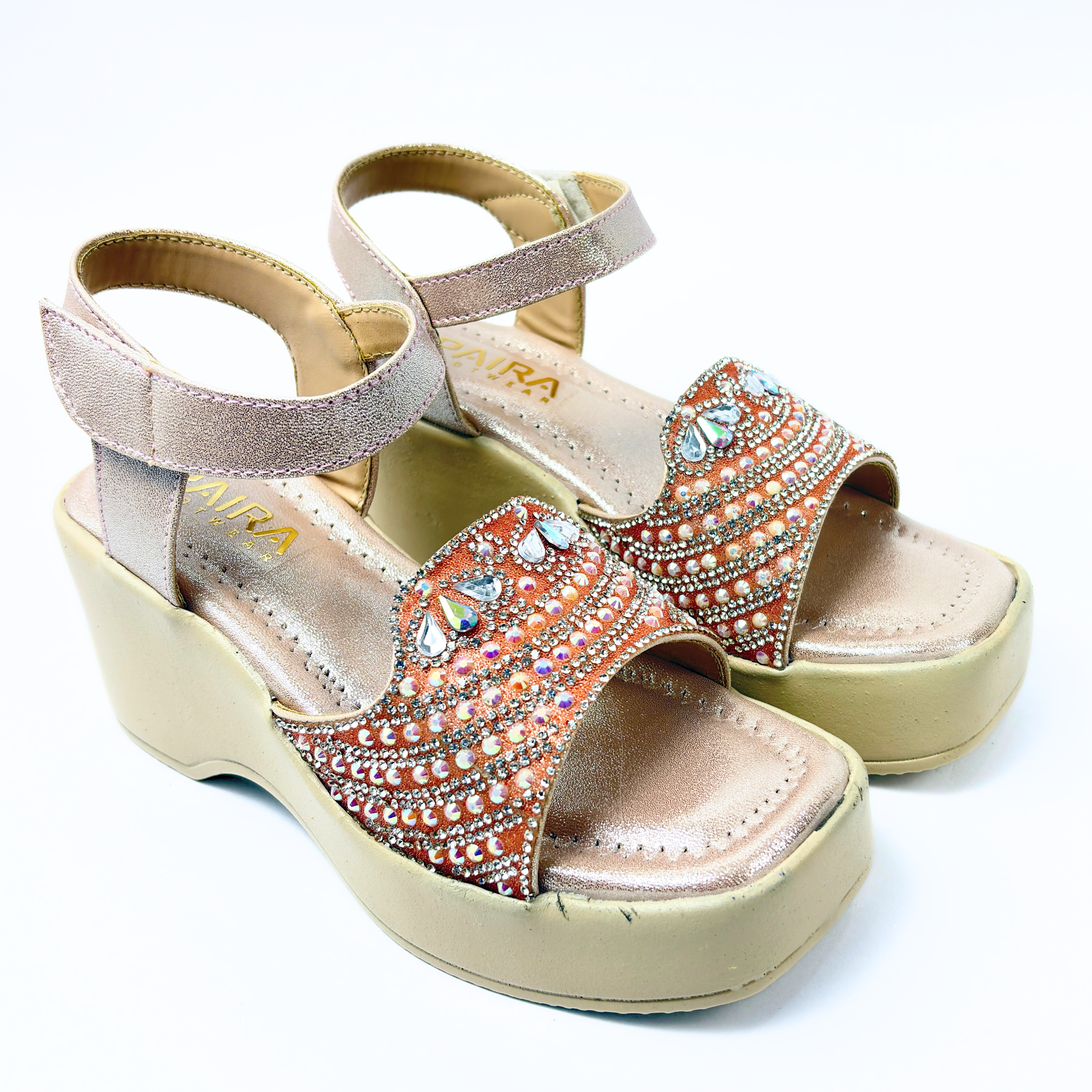 Girls Party Wear Sandals for Kids | Embellished Front Strap with Ankle Strap | Comfortable Wedge Heel | Stylish & Secure Fit | Rose Gold Peach | Size 1 UK