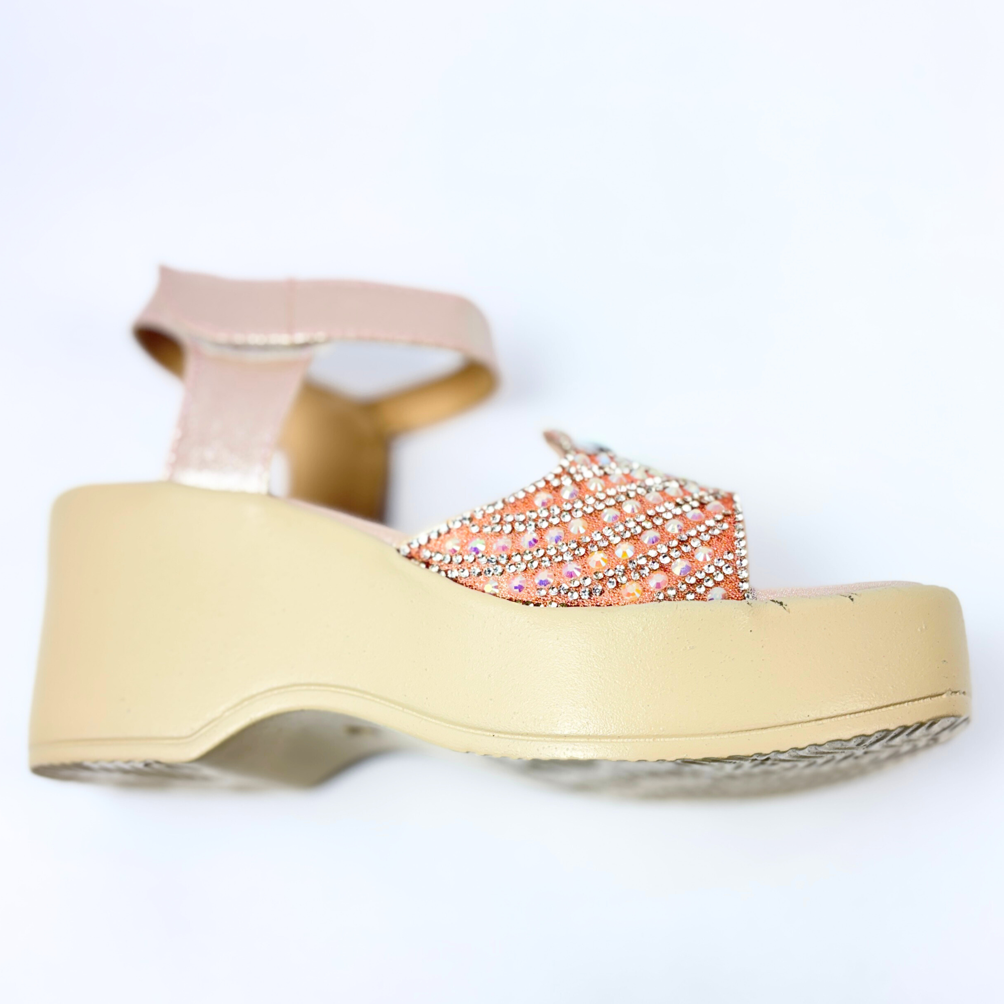 Girls Party Wear Sandals for Kids | Embellished Front Strap with Ankle Strap | Comfortable Wedge Heel | Stylish & Secure Fit | Rose Gold Peach | Size 13 UK