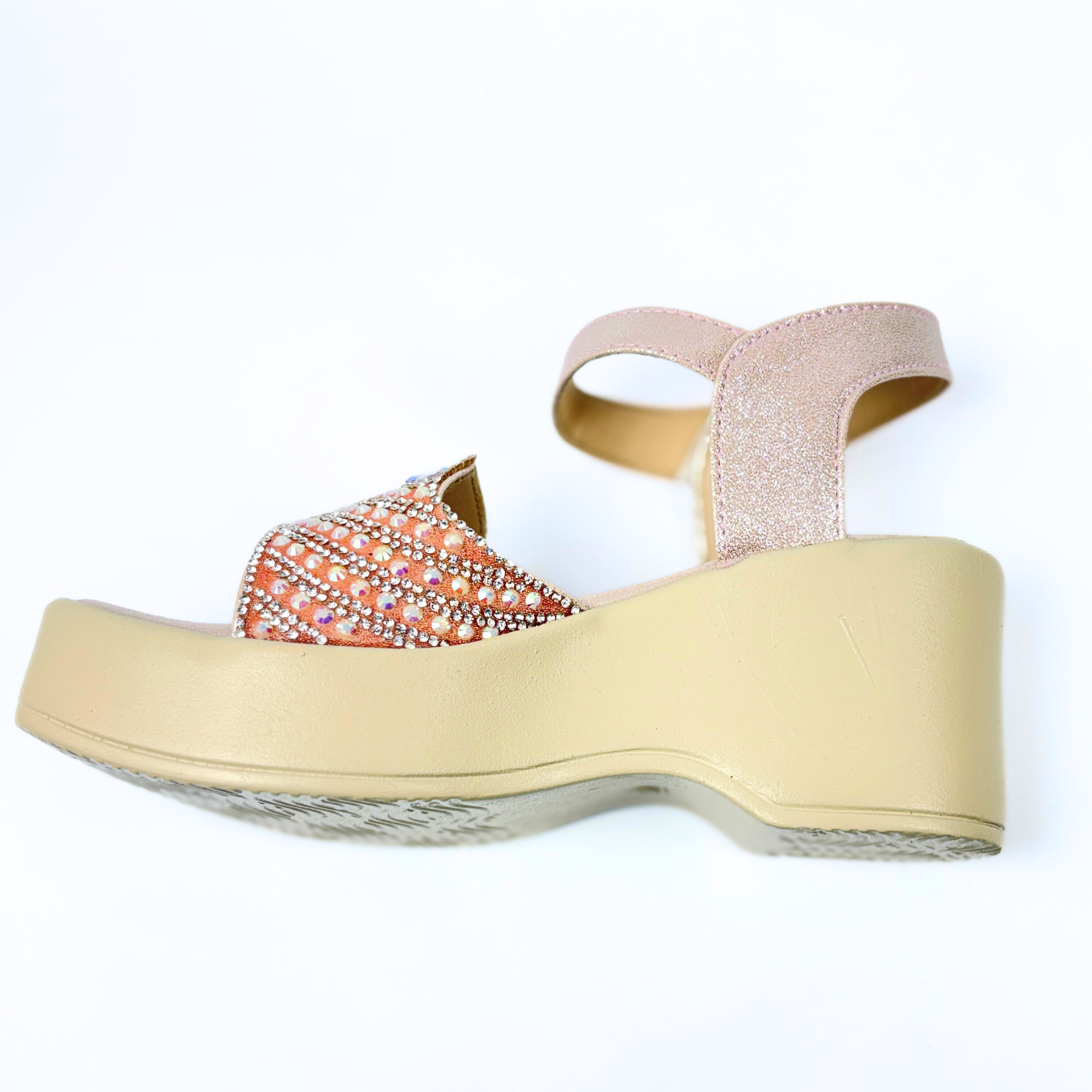 Girls Party Wear Sandals for Kids | Embellished Front Strap with Ankle Strap | Comfortable Wedge Heel | Stylish & Secure Fit | Rose Gold Peach | Size 5 UK