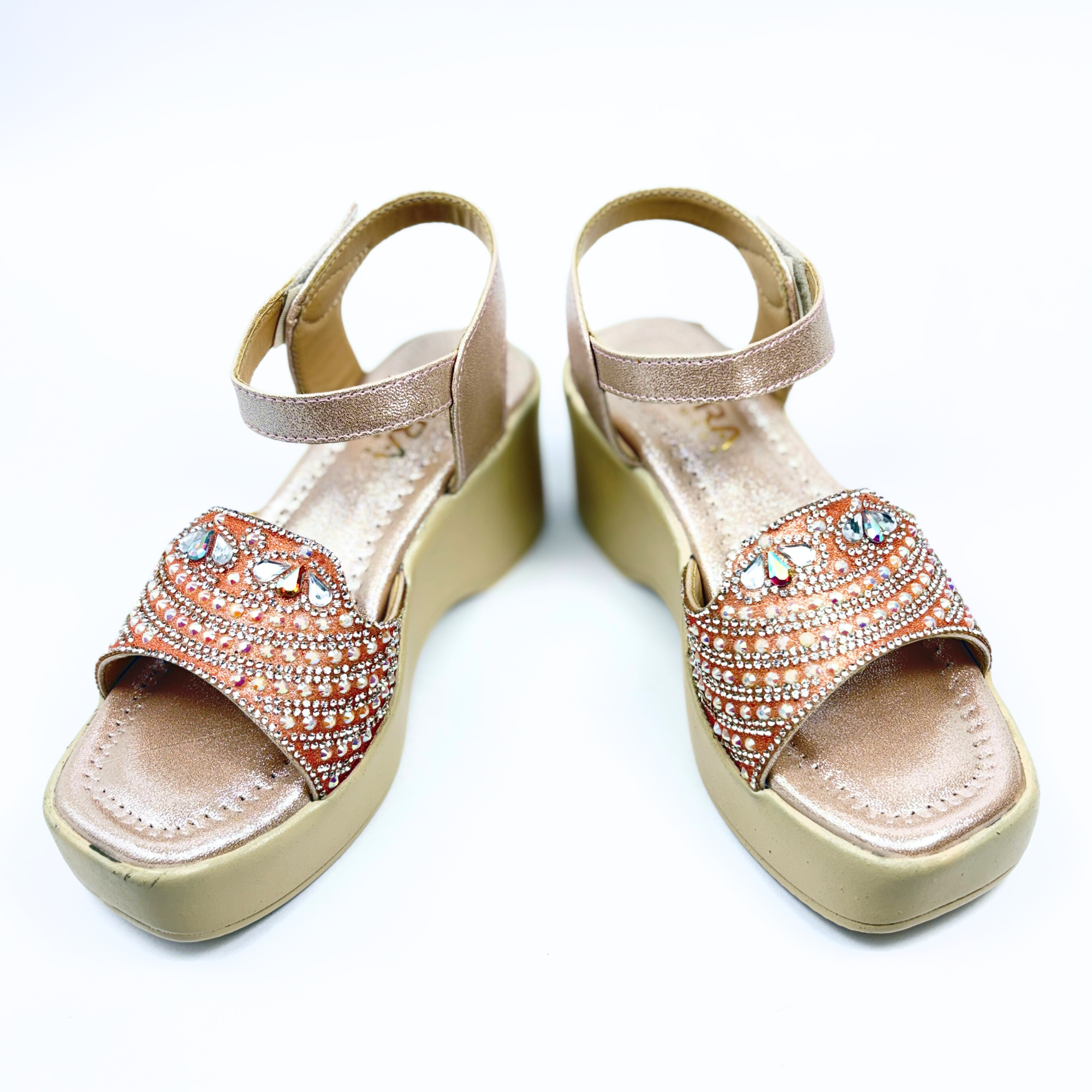 Girls Party Wear Sandals for Kids | Embellished Front Strap with Ankle Strap | Comfortable Wedge Heel | Stylish & Secure Fit | Rose Gold Peach | Size 5 UK