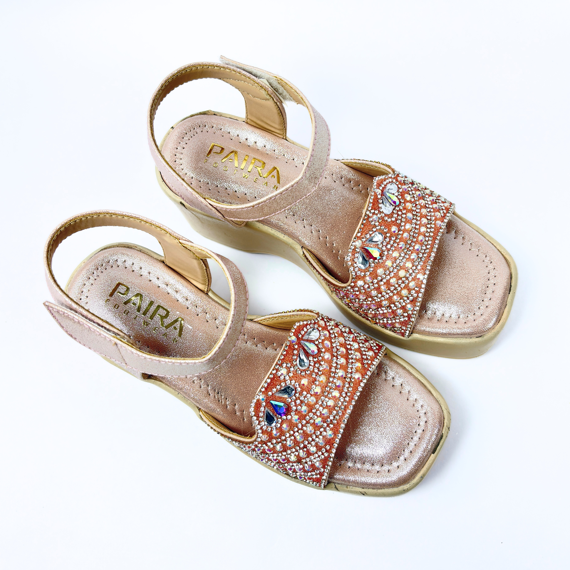 Girls Party Wear Sandals for Kids | Embellished Front Strap with Ankle Strap | Comfortable Wedge Heel | Stylish & Secure Fit | Rose Gold Peach | Size 5 UK