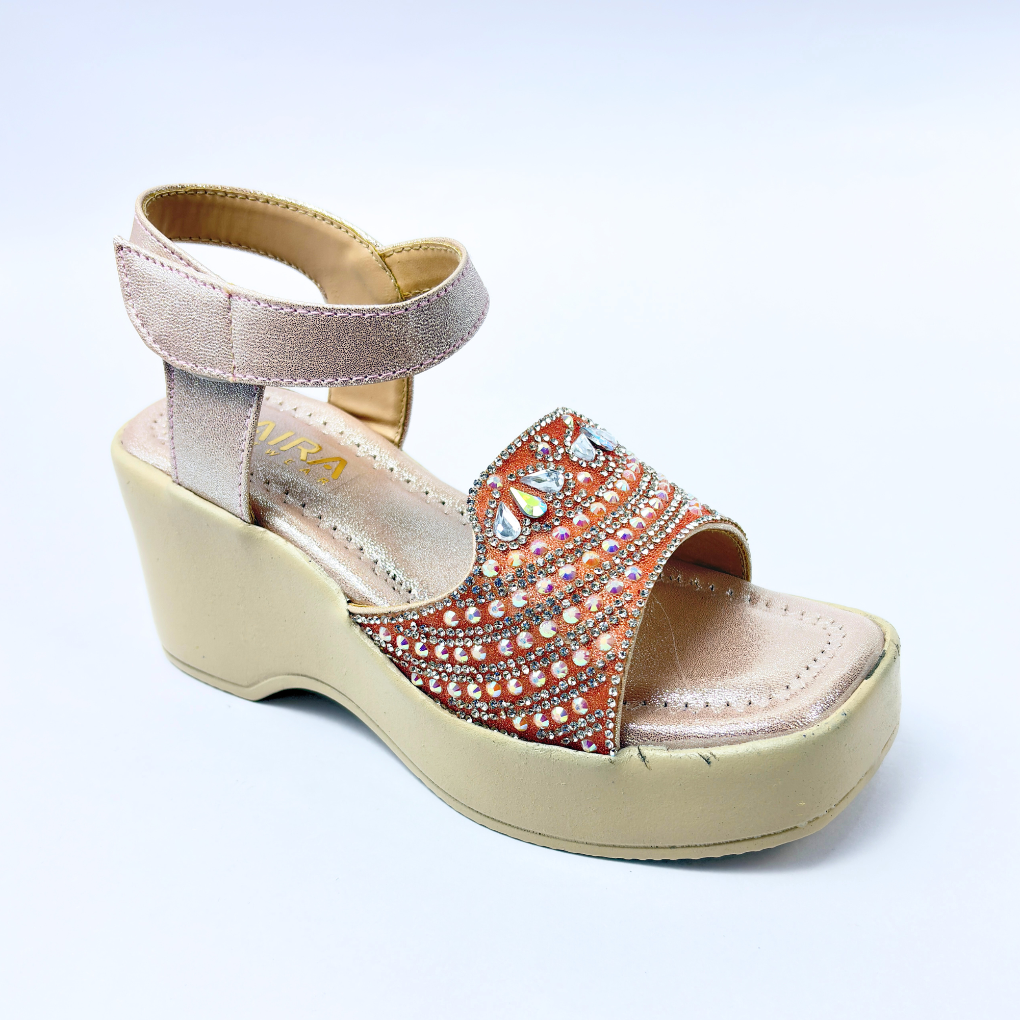 Girls Party Wear Sandals for Kids | Embellished Front Strap with Ankle Strap | Comfortable Wedge Heel | Stylish & Secure Fit | Rose Gold Peach | Size 11 UK