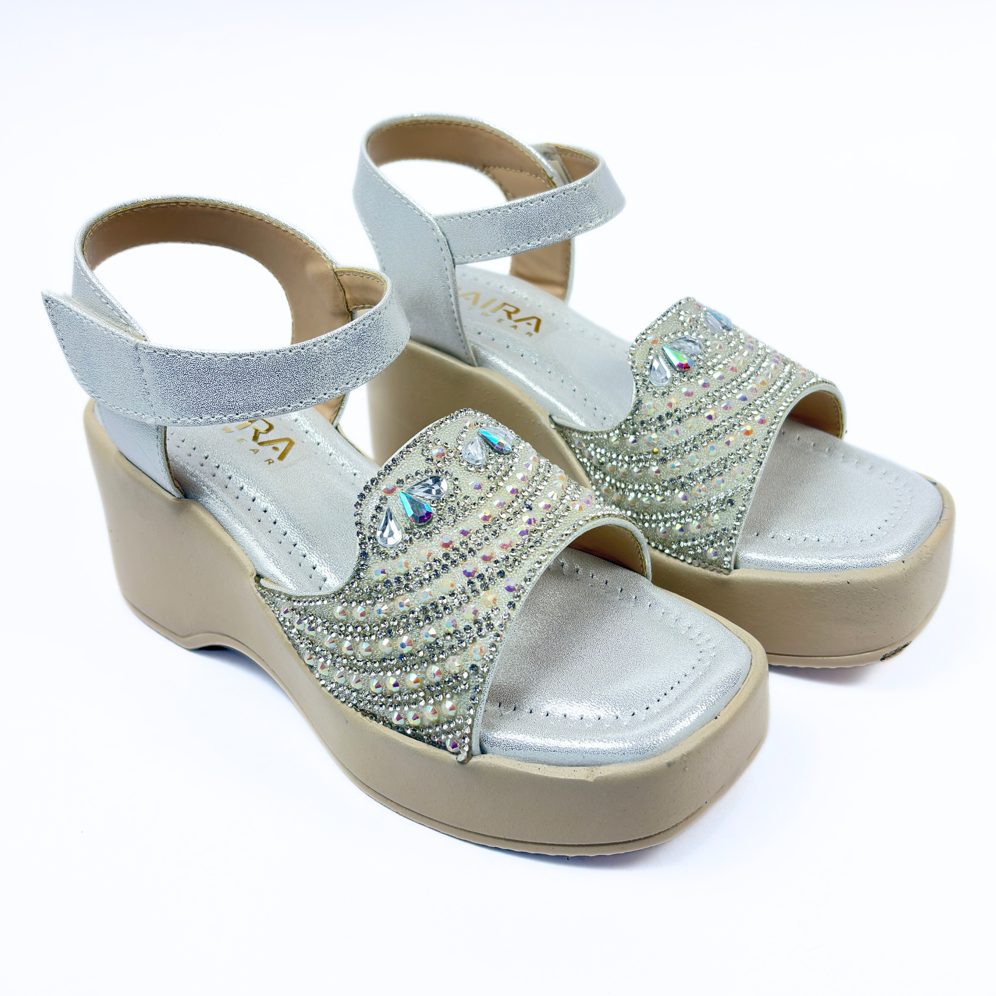 Girls Party Wear Sandals for Kids | Crystal Embellished Front Strap with Ankle Strap | Comfortable Wedge Heel | Secure & Stylish Fit | Silver Frost | Size 4 UK