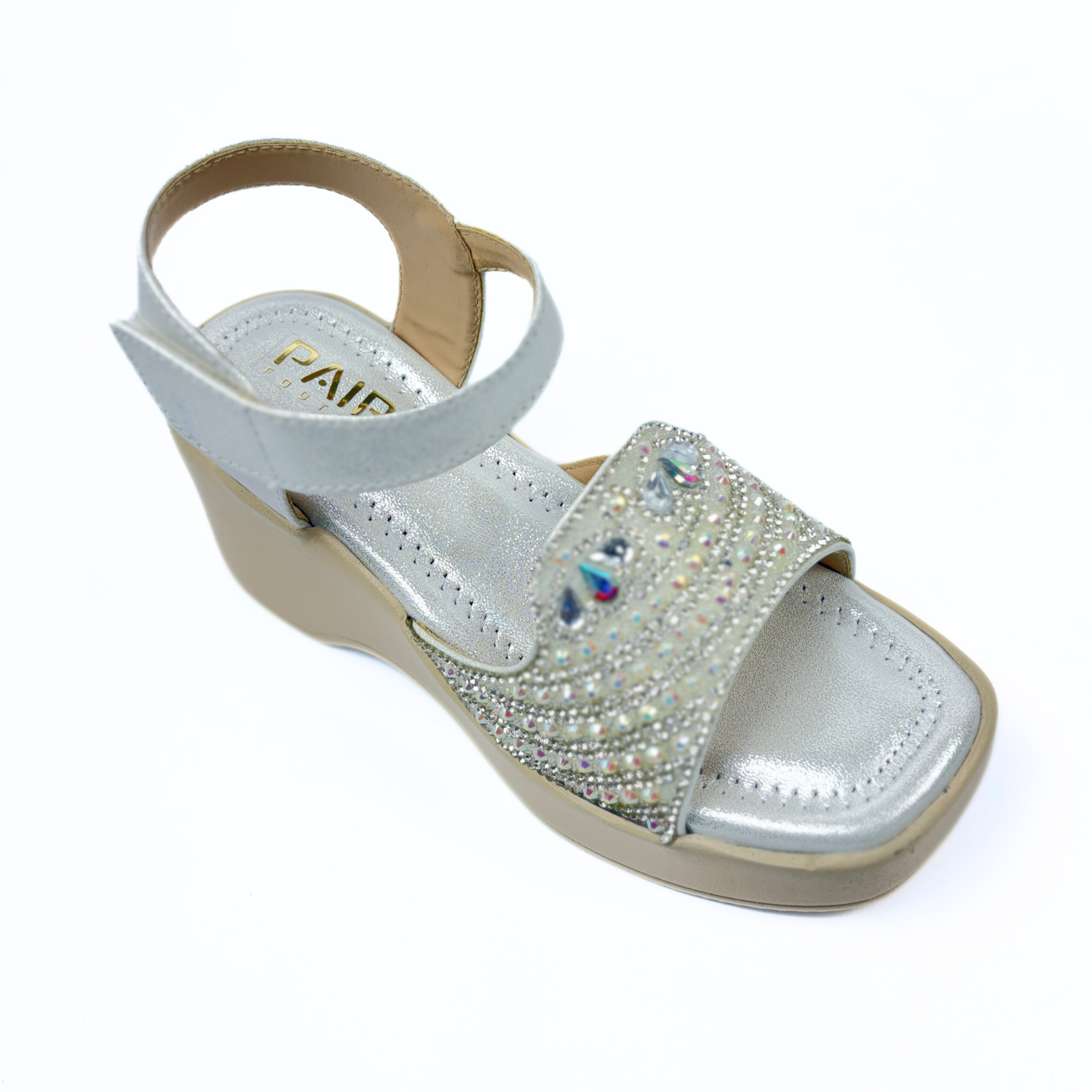Girls Party Wear Sandals for Kids | Crystal Embellished Front Strap with Ankle Strap | Comfortable Wedge Heel | Secure & Stylish Fit | Silver Frost | Size 12 UK