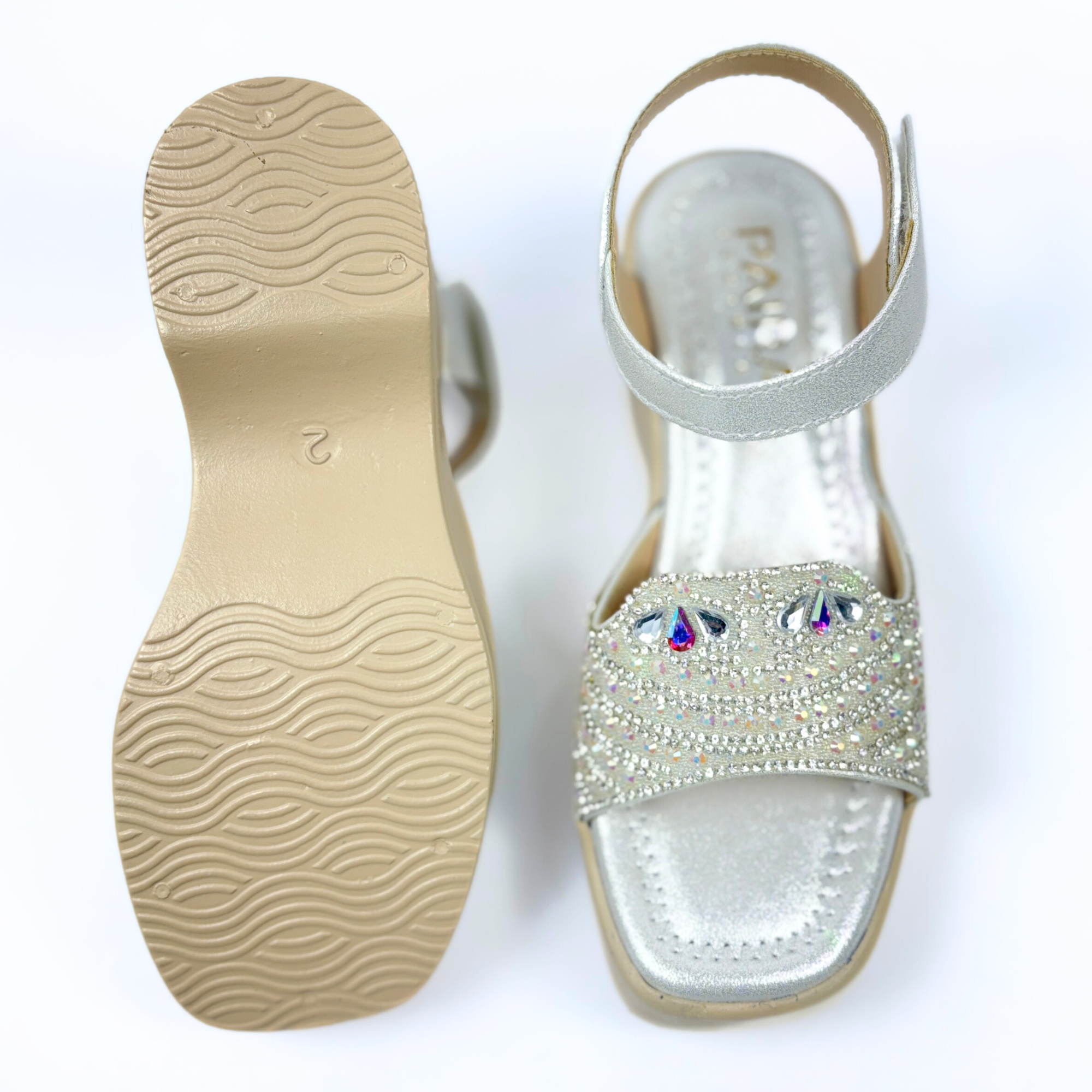 Girls Party Wear Sandals for Kids | Crystal Embellished Front Strap with Ankle Strap | Comfortable Wedge Heel | Secure & Stylish Fit | Silver Frost | Size 13 UK